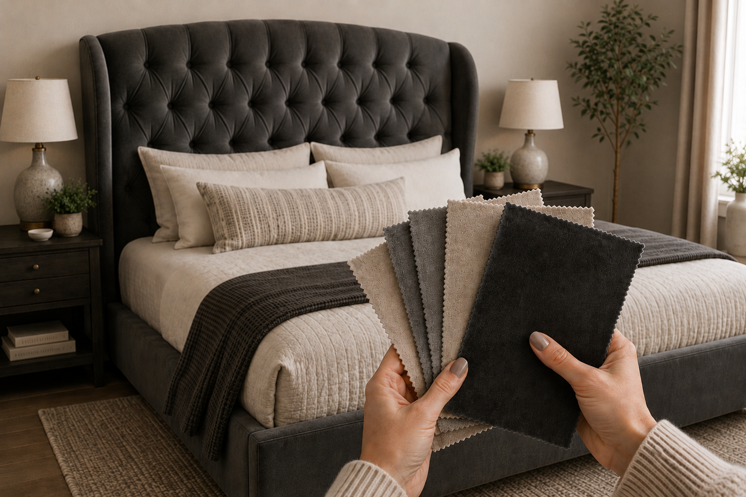 AI-generated bedroom featuring a charcoal tufted upholstered bed with neutral bedding and fabric swatches held in the foreground, demonstrating the process of evaluating upholstery fabrics before selecting furniture.