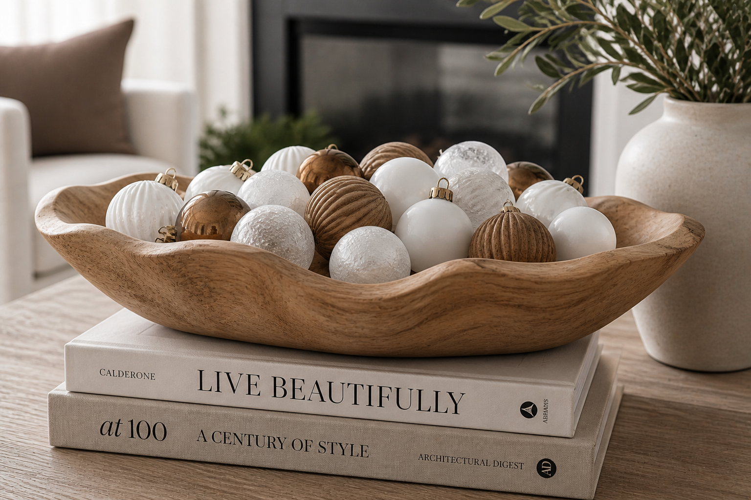 Modern organic living room styling featuring a carved wooden bowl filled with white, frosted glass, bronze, and oak wood Christmas ornaments placed on stacked books on a coffee table (AI-generated image)