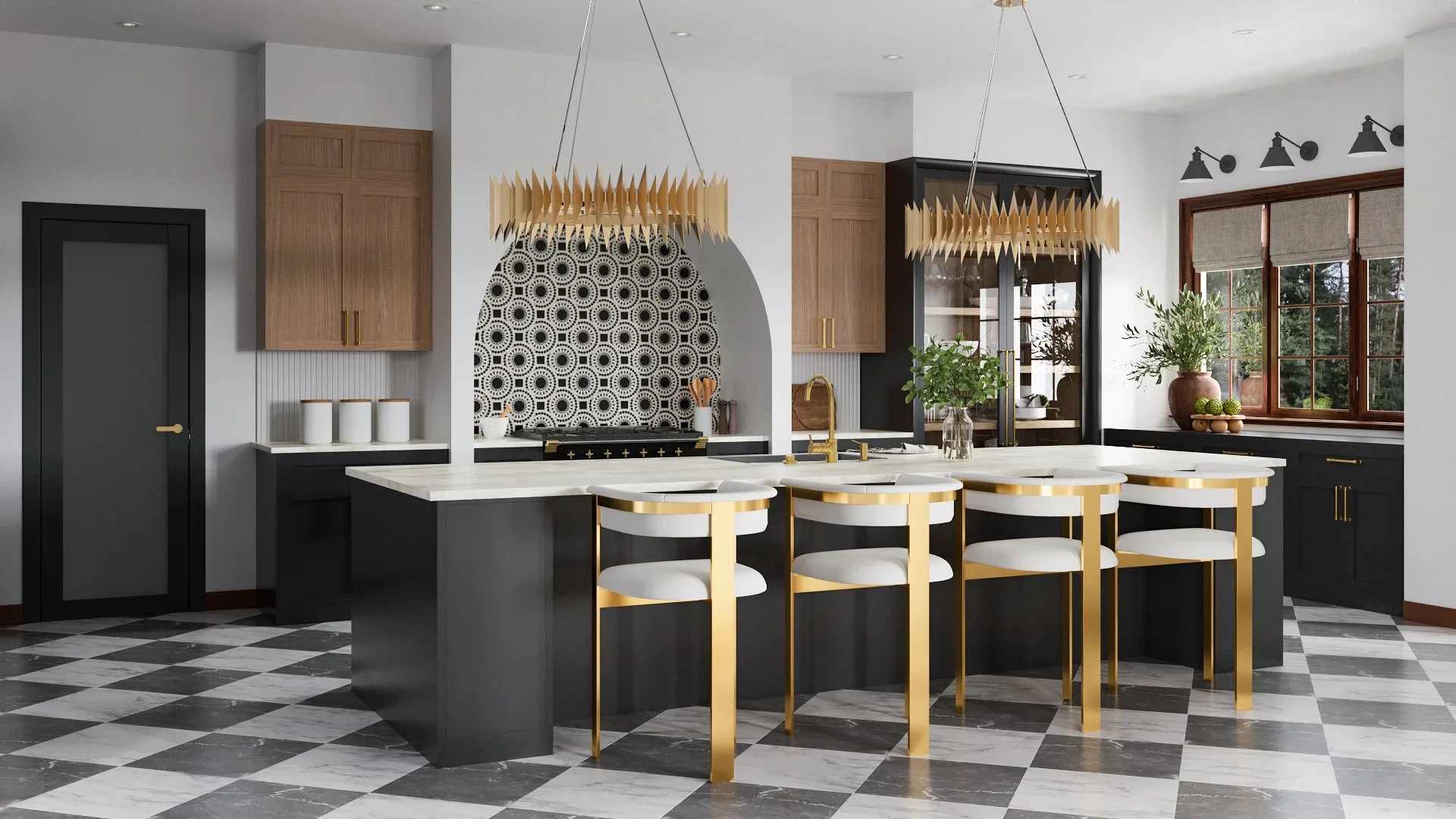 Art Deco kitchen designed by virtual interior designer Joshua Jones of JJones Design Co. featuring sculptural statement lighting above a black kitchen island with gold accents and black-and-white flooring.