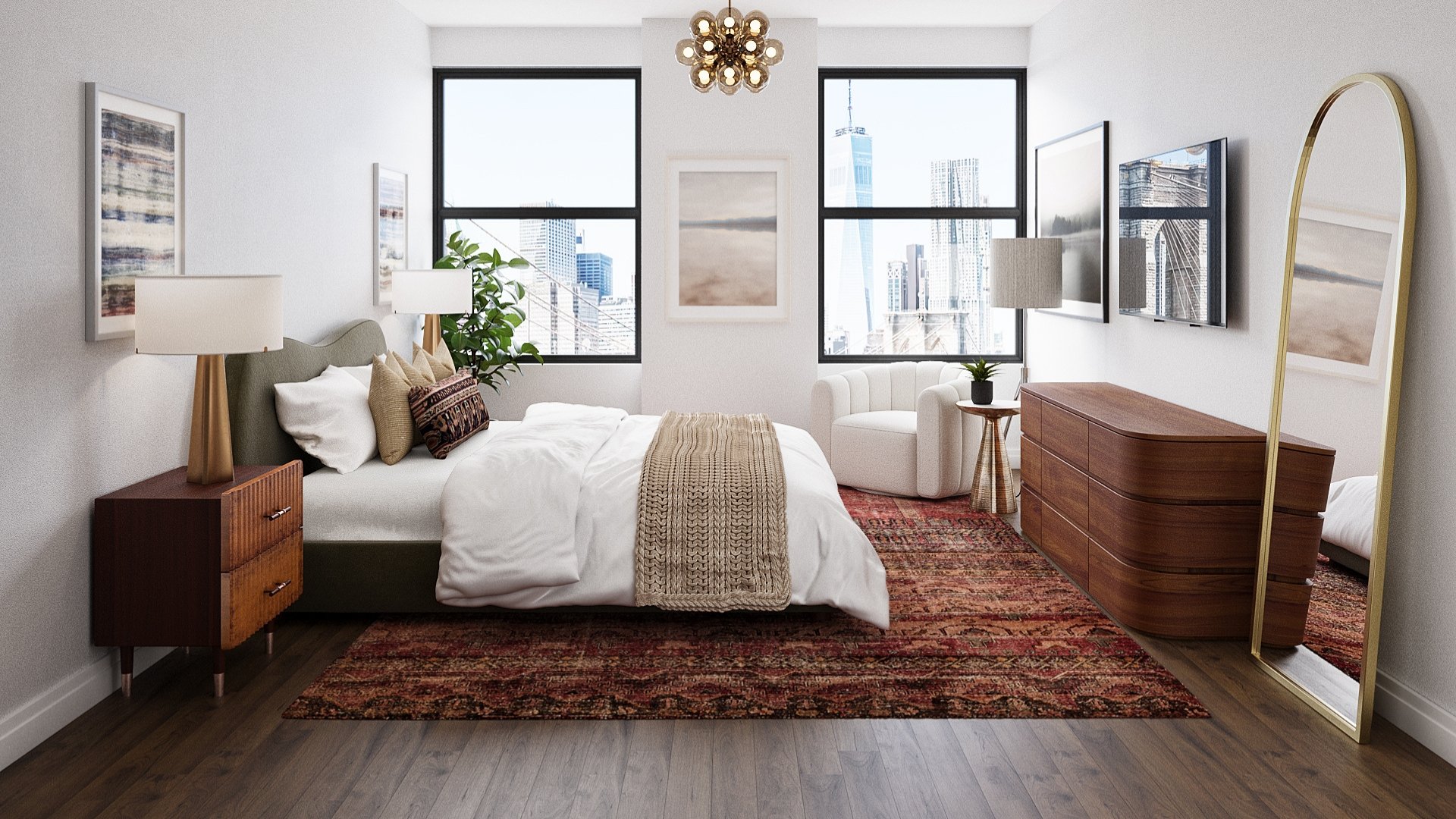 Modern eclectic primary bedroom designed for a vacation rental by virtual interior designer Joshua Jones of JJones Design Co featuring warm wood furniture, layered textiles, and city views.