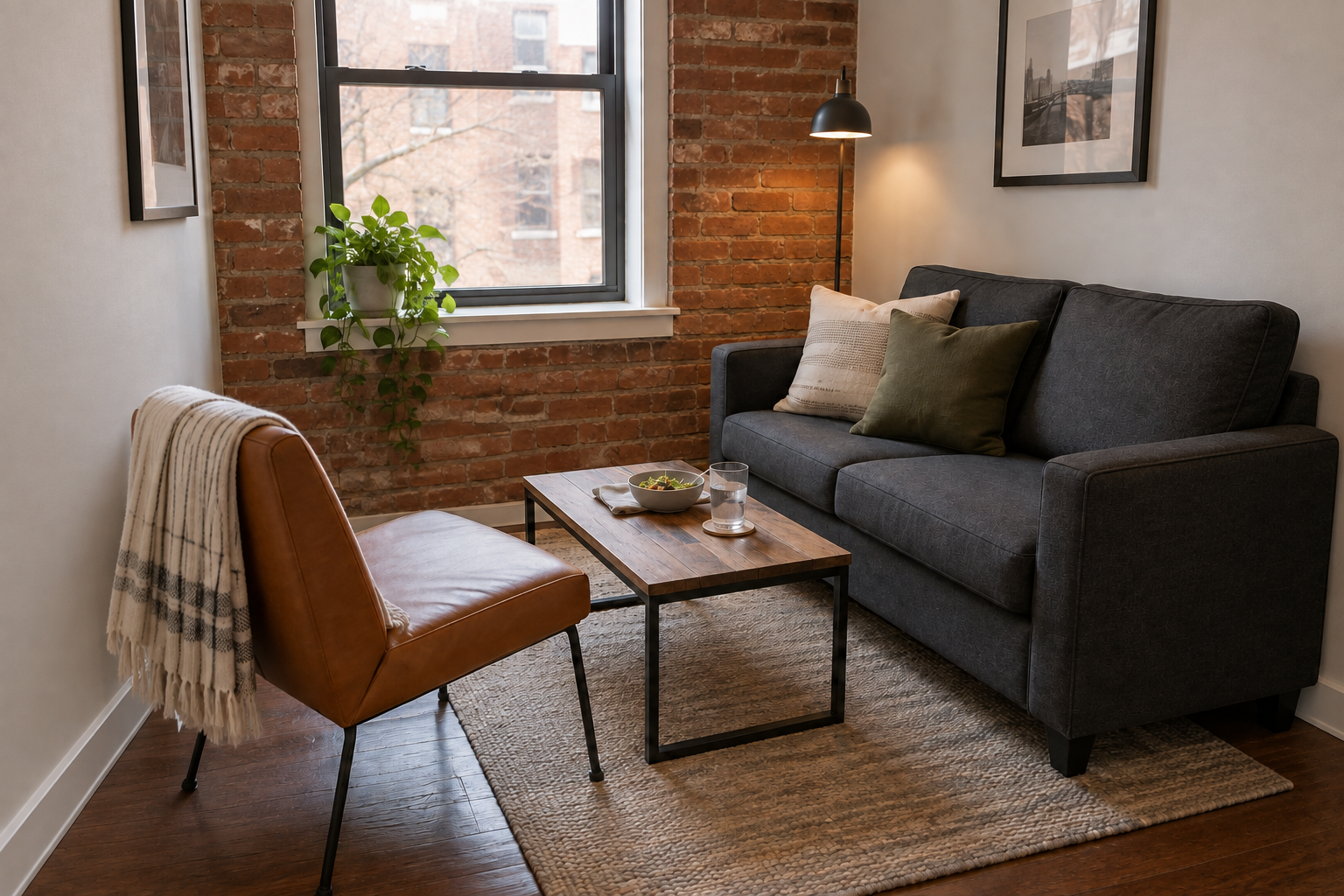 AI-generated rendering of a small industrial-chic apartment living room with a compact sofa, leather chair, and wood-and-metal coffee table, styled by virtual interior designer Joshua Jones of JJones Design Co.