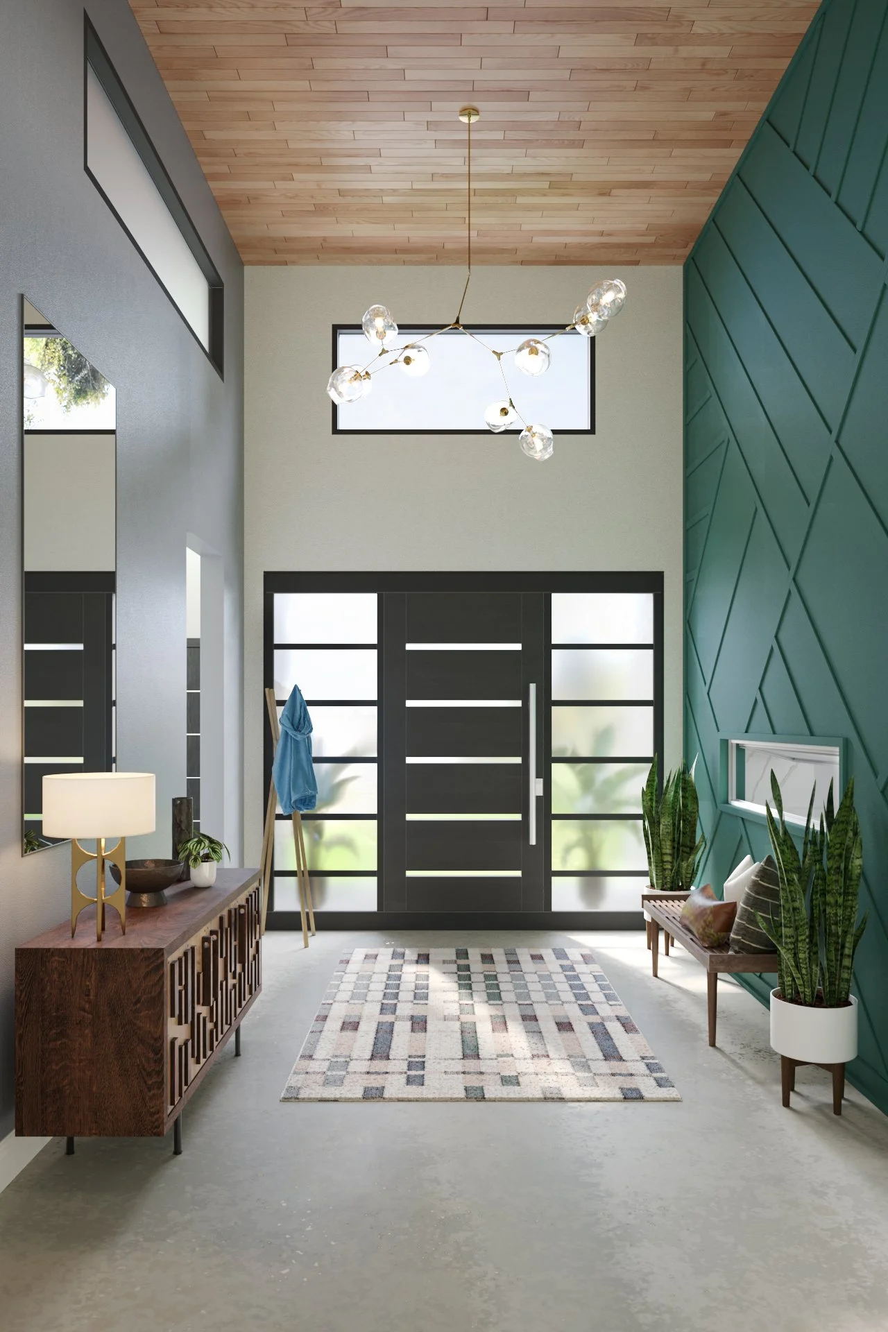 Modern foyer interior design with mid-century and industrial elements featuring a geometric accent wall, wood ceiling, modern chandelier, and entry console by virtual interior designer Joshua Jones of JJones Design Co.