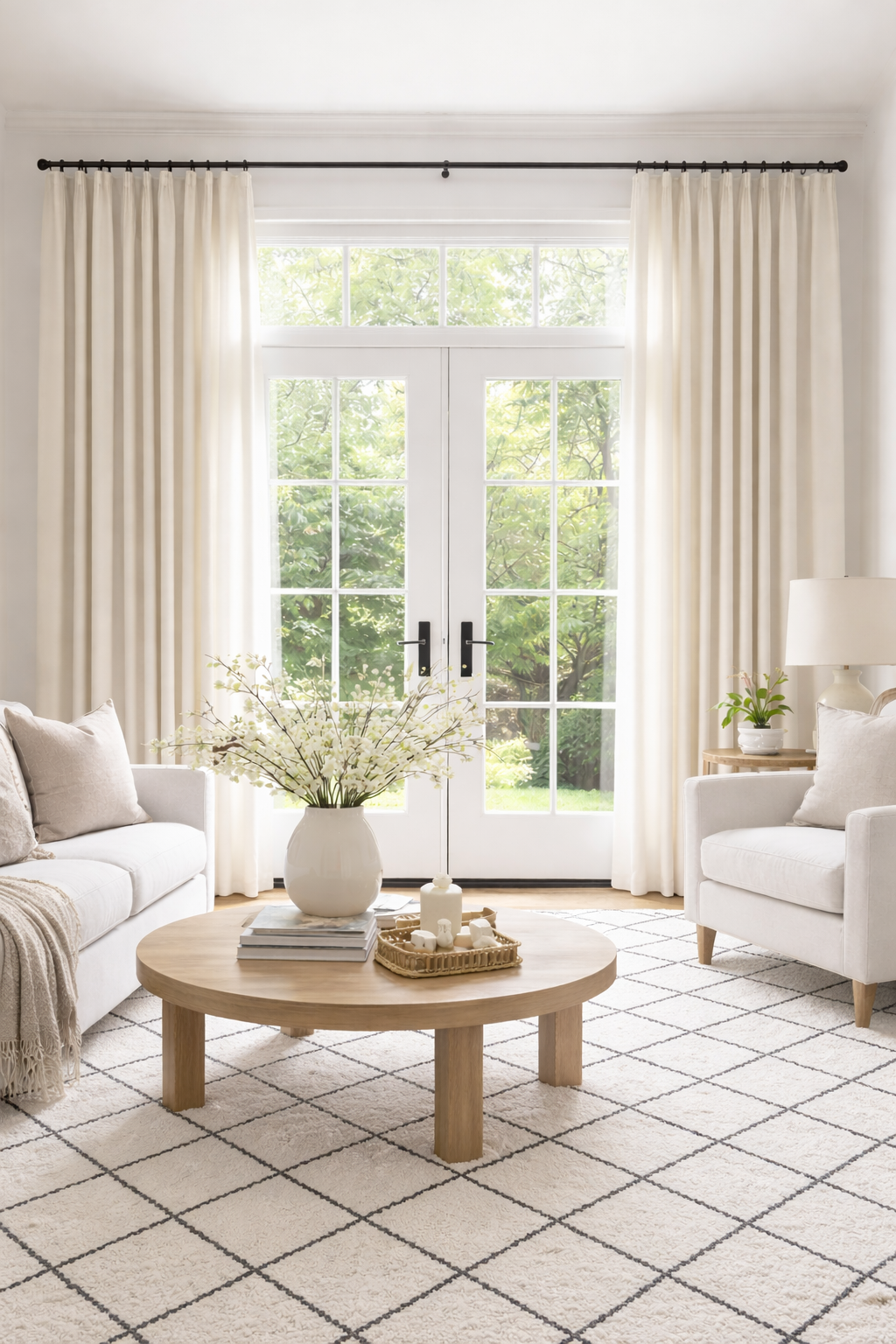 AI-generated living room rendering showing floor-length ivory drapery hung high and wide above French doors, styled with a black and ivory diamond grid rug, light wood coffee table, and neutral seating.
