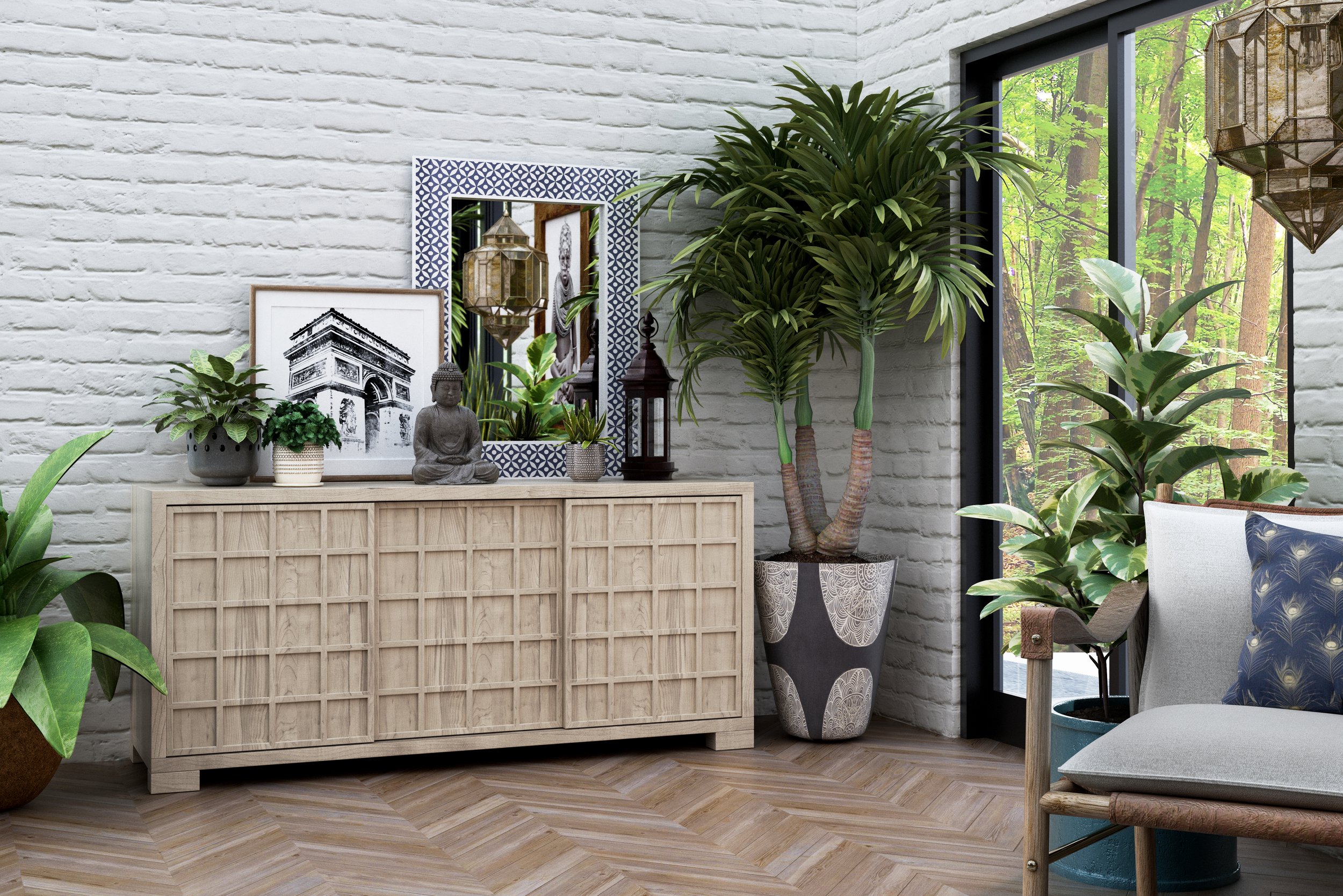 Eclectic sunroom console styling with carved wood cabinet, layered plants, framed artwork, mirror, and global-inspired decor, designed by virtual interior designer Joshua Jones of JJones Design Co.