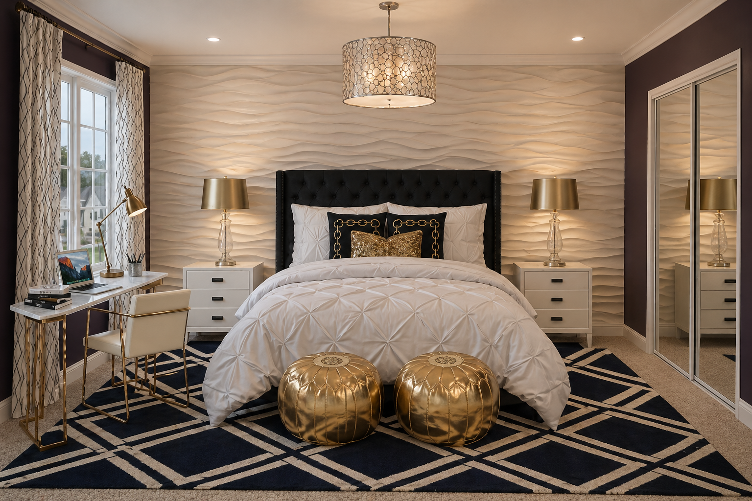 AI-generated 3D visualization of a modern teen girl bedroom designed by virtual interior designer Joshua Jones of JJones Design Co. with tufted headboard, white bedding, gold accents, nightstands, desk, and geometric rug.