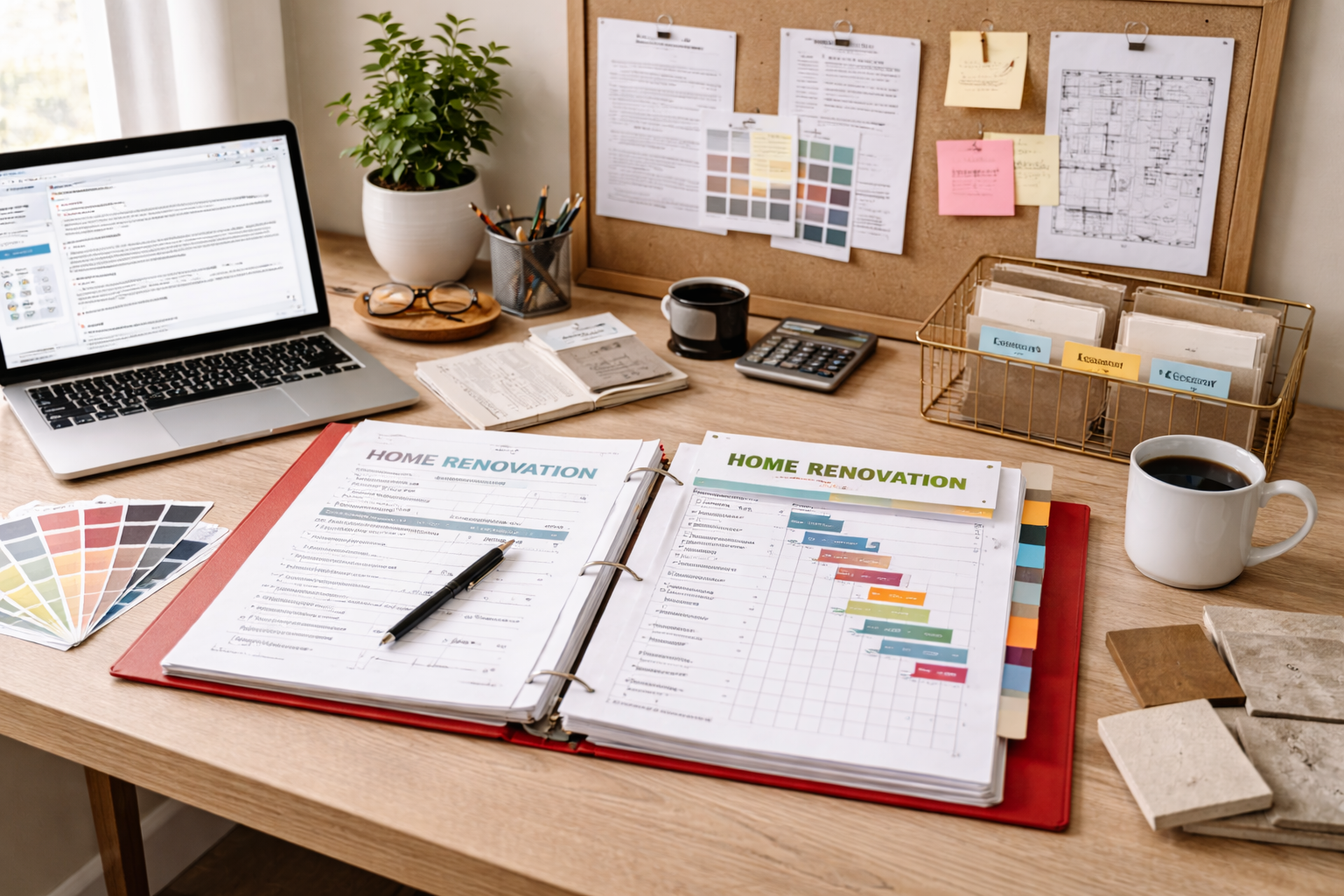 Organized home office desk with remodel planning binder, renovation schedule, color swatches, laptop, and budget calculator during project preparation phase.