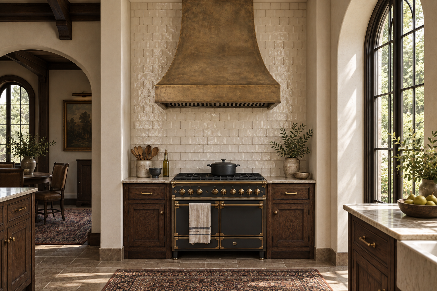 Tudor-style kitchen with a range and brass hood centered on a short wall covered in textured subway tile from the countertop to the ceiling.