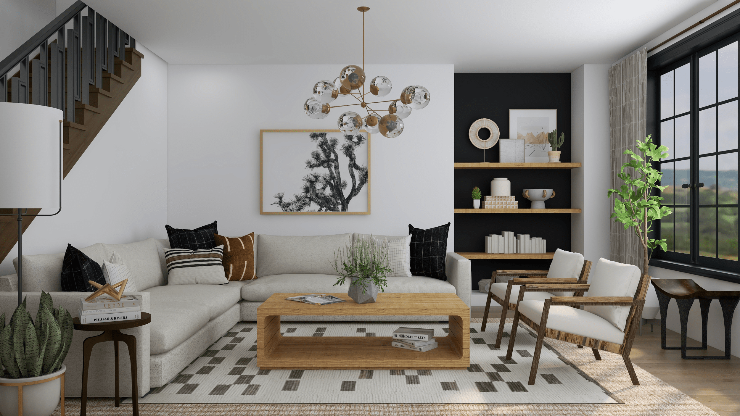 Luxury Scandinavian living room with neutral tones, curated open shelving, modern furniture, layered textures, and balanced styling creating a clean custom look