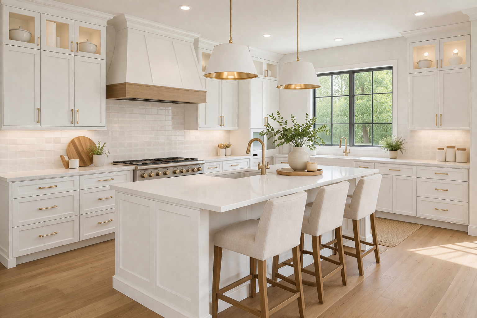 White kitchen with shaker cabinets, large island, brass pendant lighting, and warm wood flooring in a modern organic style (AI-generated image)