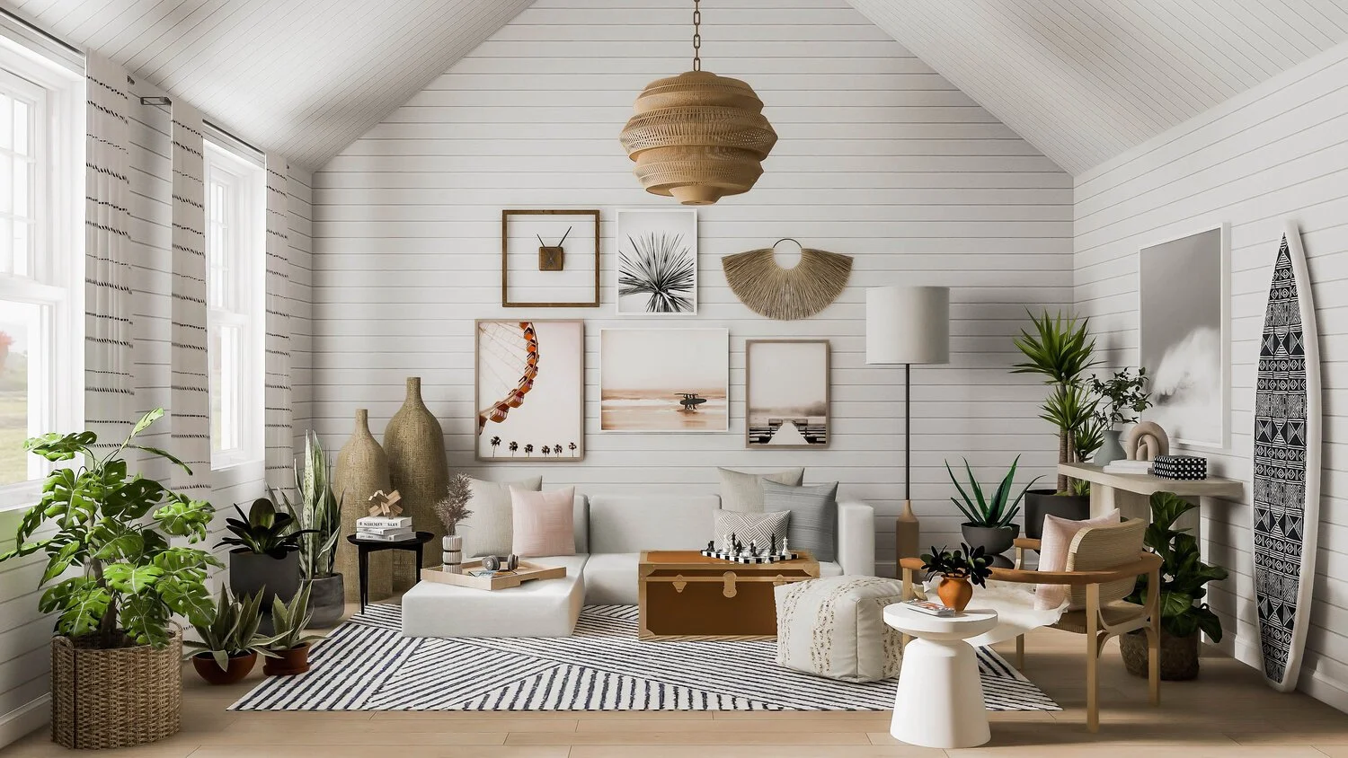 California casual style teen lounge designed by virtual interior designer Joshua Jones of JJones Design Co. featuring a white sectional, gallery wall, indoor plants, and layered natural textures.
