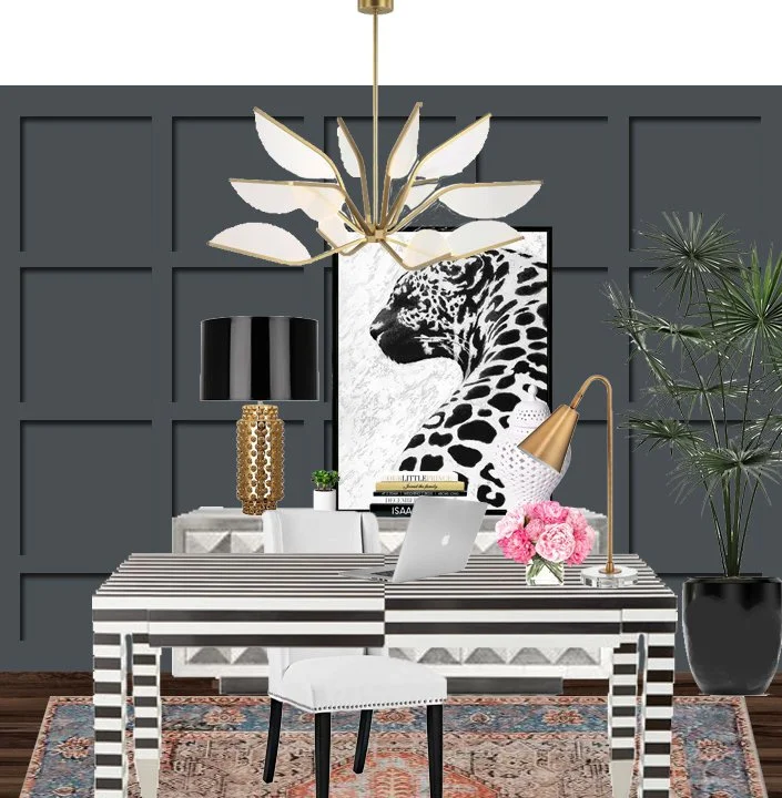 2D rendering of a modern glam home office with black paneled wall, striped desk, gold lighting, leopard artwork, and styled decor
