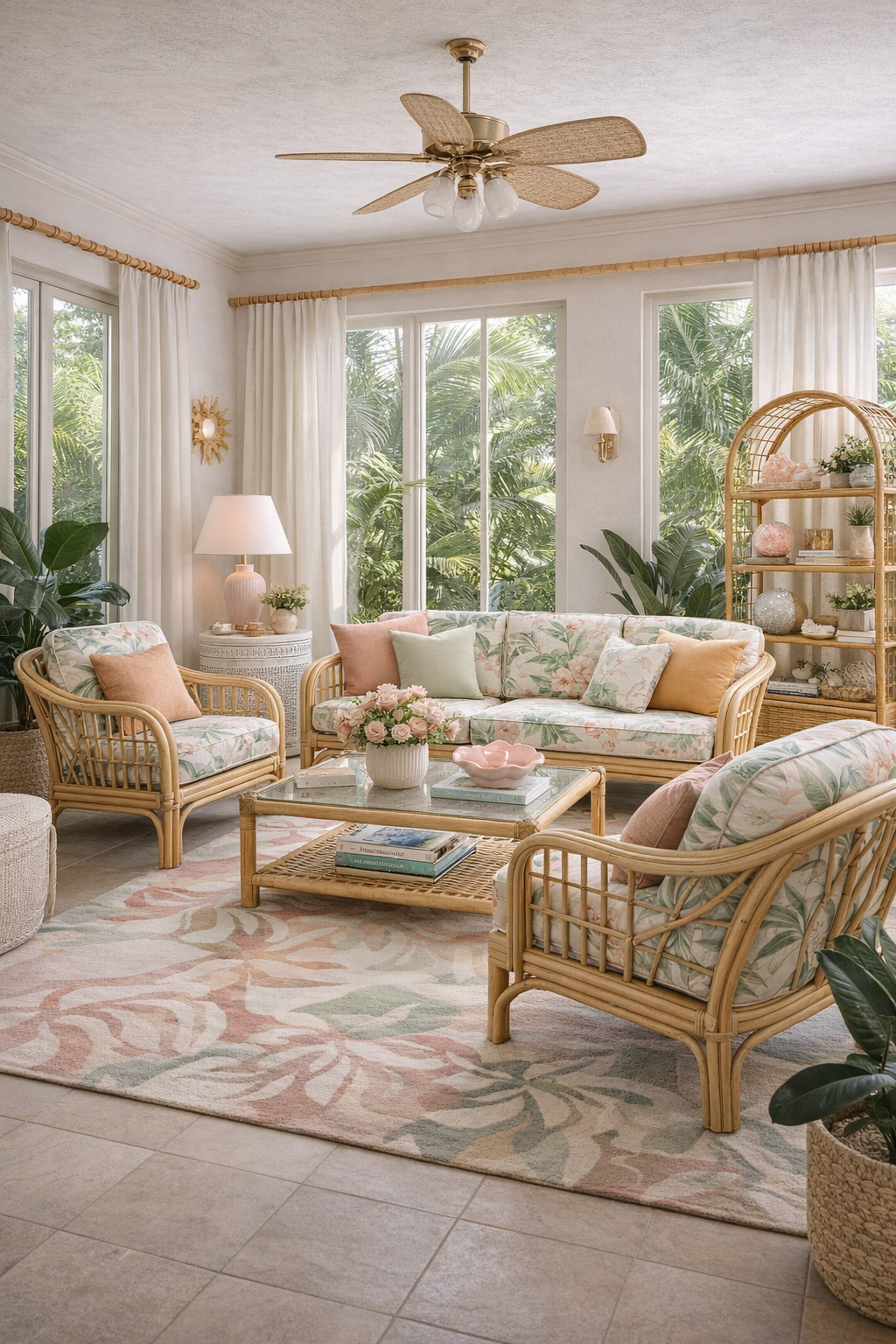 AI-generated modern tropical sunroom with rattan furniture, pastel cushions, light wood accents, indoor plants, and large sunlit windows