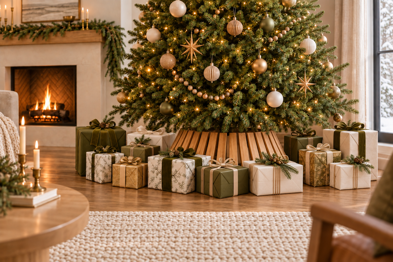 Christmas tree with a modern slatted wood collar surrounded by white, olive green, and gold presents in a warm holiday living room, styled by virtual interior designer Joshua Jones of JJones Design Co.