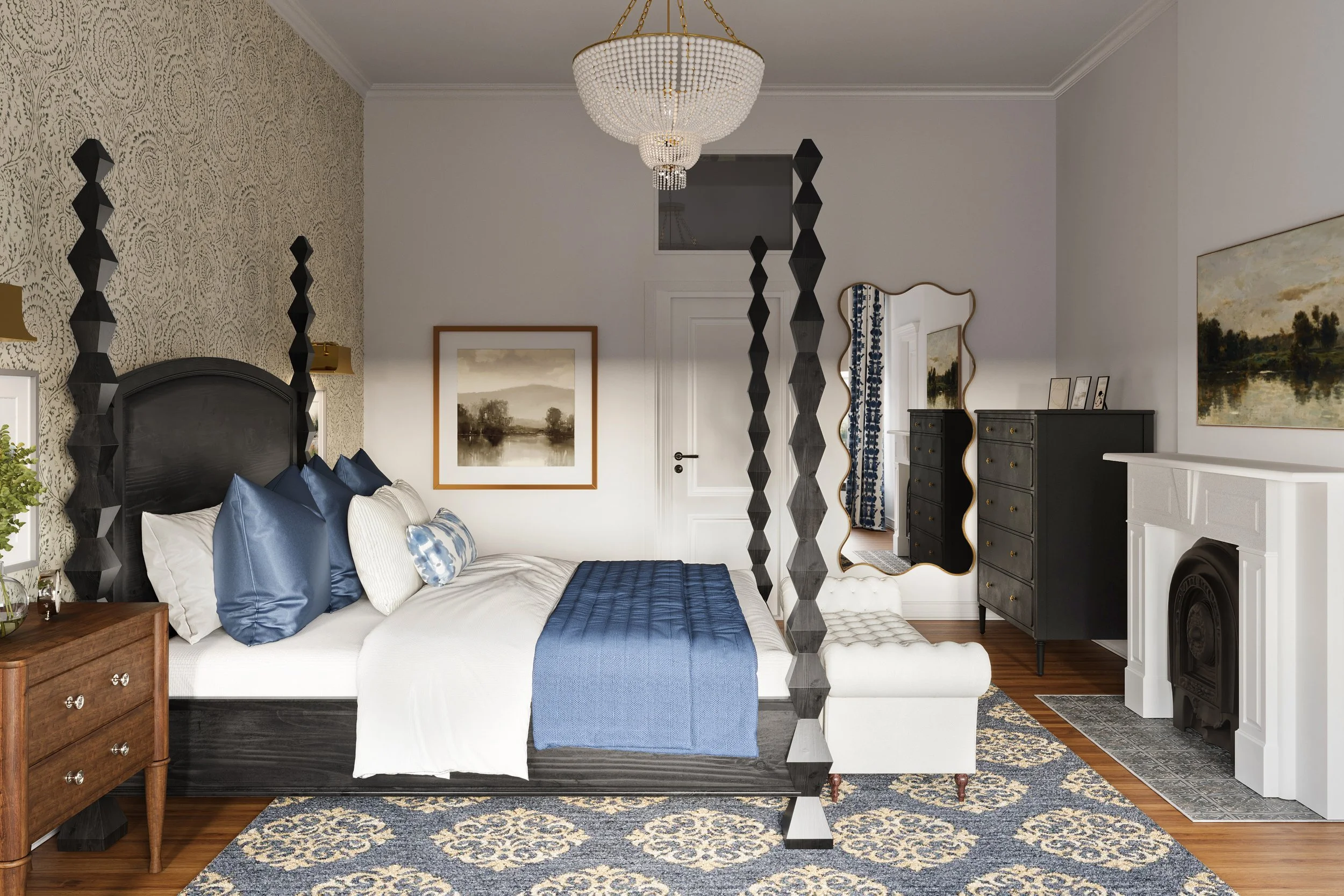 Modern Victorian primary bedroom with layered white and blue bedding, a dark four-poster bed, patterned area rug, vintage-inspired furniture, and a crystal chandelier, designed by Joshua Jones of JJones Design Co.