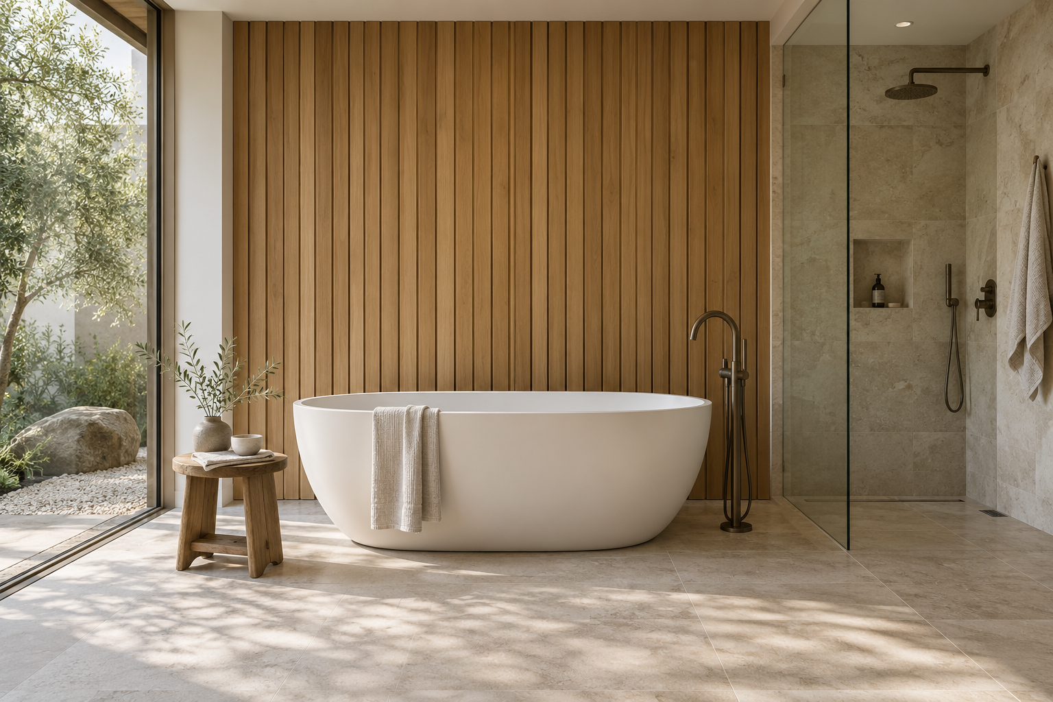 Japandi bathroom with a white freestanding tub against a floor-to-ceiling natural-oak paneled wall and an adjacent curbless shower.