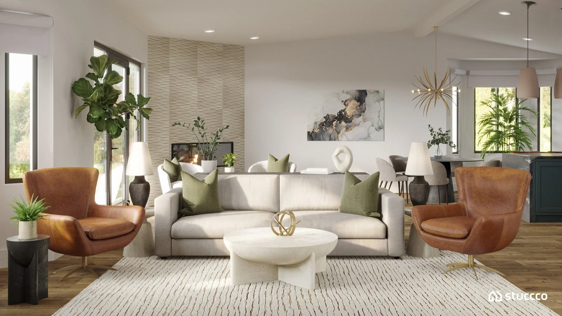 Open-concept living and dining room with modern organic style featuring neutral sofa, leather chairs, marble coffee table, and coordinated dining area, interior design by Joshua Jones of JJones Design Co. with 3D rendering by Stuccco.