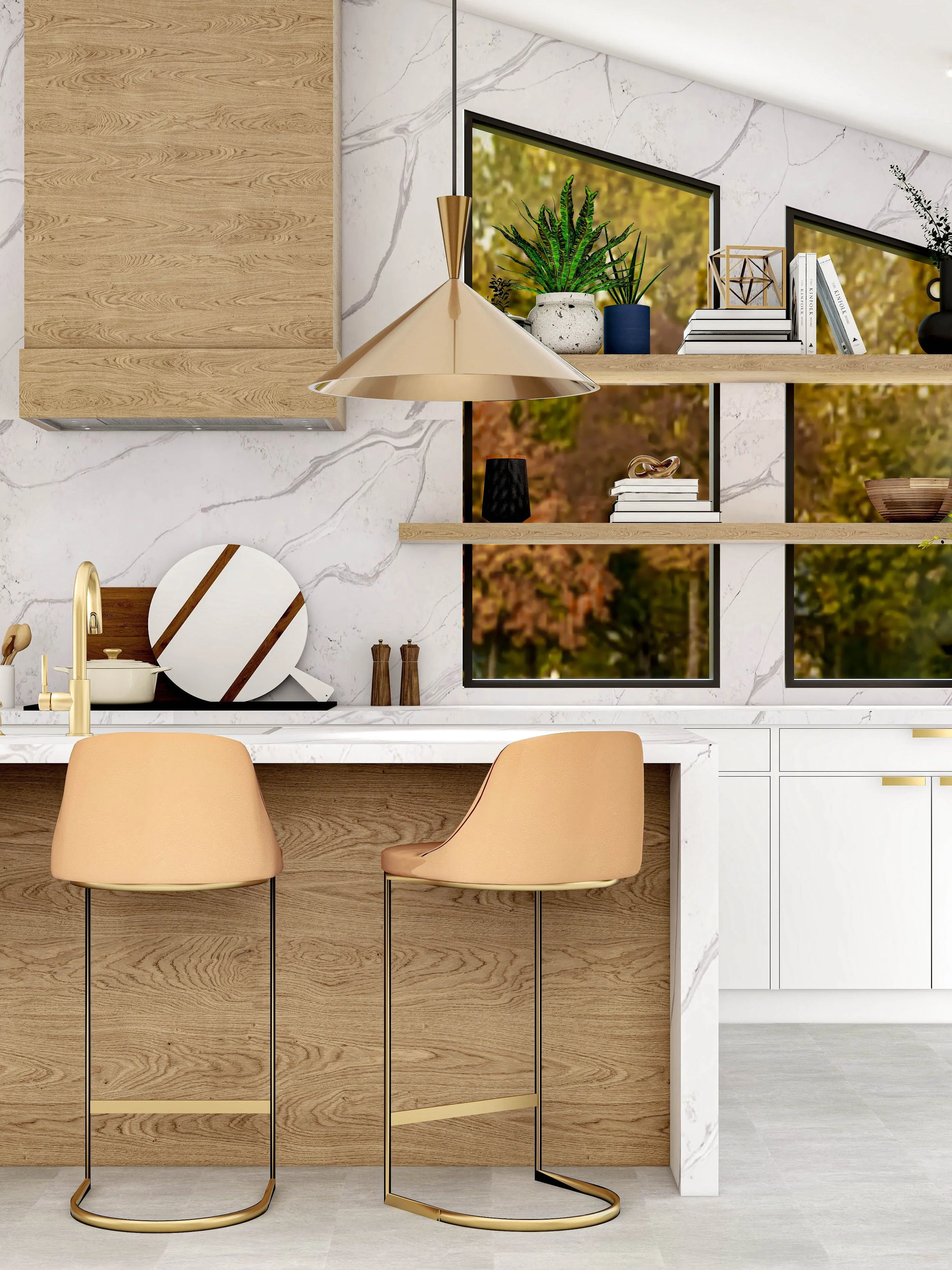 Mid-century modern kitchen interior design featuring wood cabinetry, marble backsplash, open shelving, and brass pendant lighting by Joshua Jones of JJones Design Co.