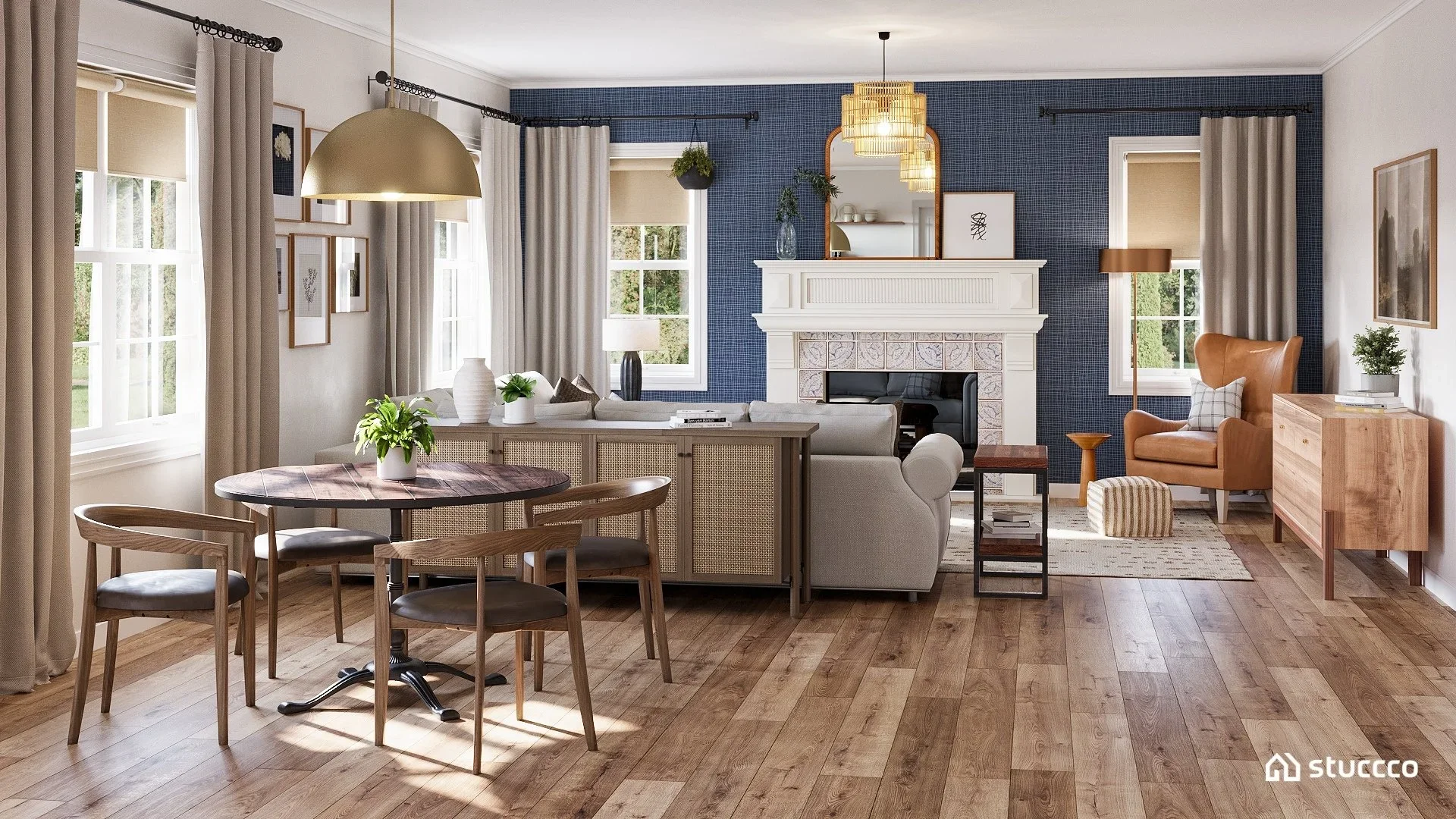 3D rendering of an eclectic living room featuring floor-to-ceiling drapery panels, layered window treatments, blue accent wall, fireplace, warm wood furnishings, and a mix of modern and traditional design elements.