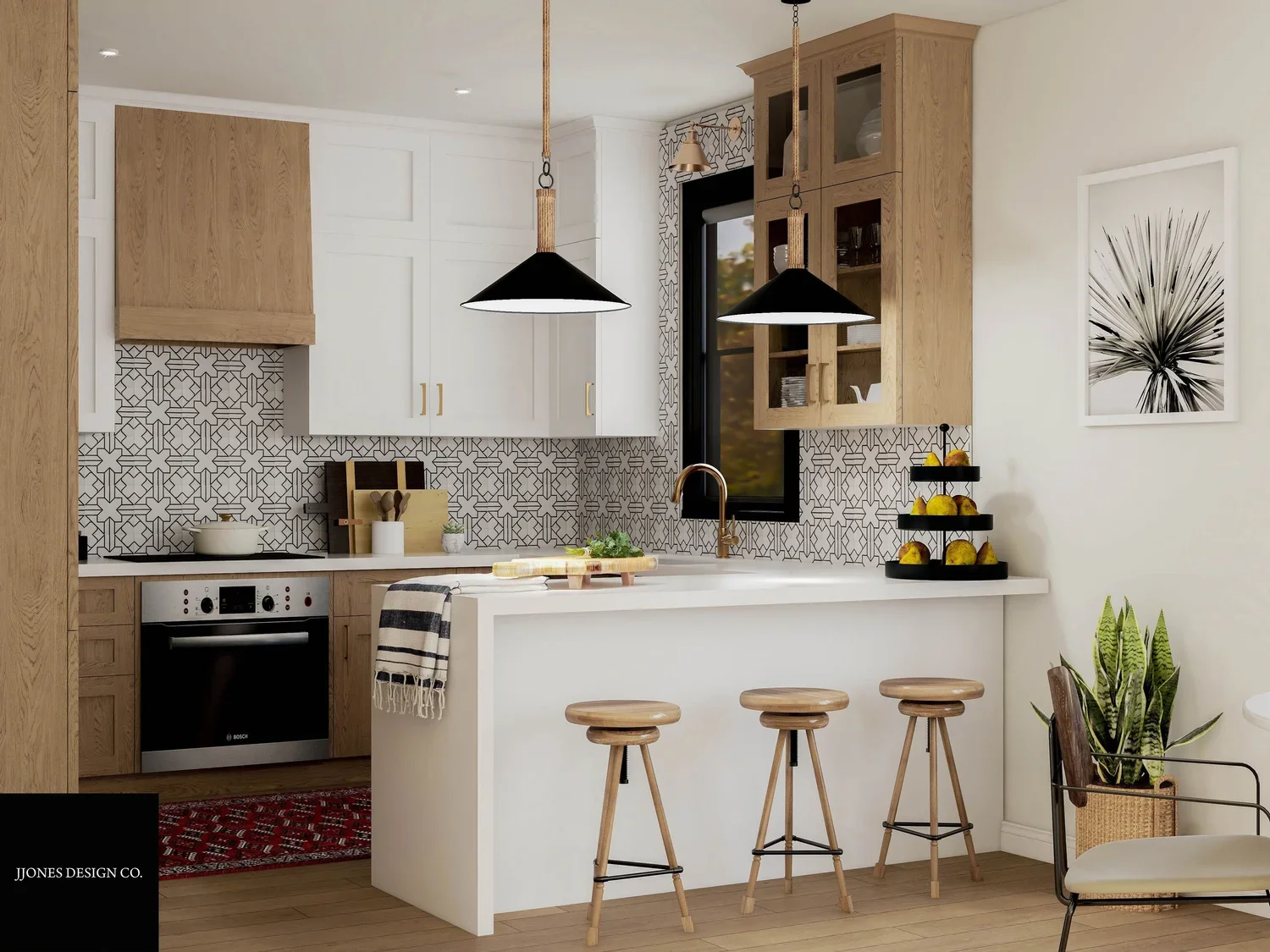 Designed by virtual interior designer Joshua Jones of JJones Design Co., this California Casual kitchen features a peninsula that offers many of the same benefits as an island while requiring less floor space.