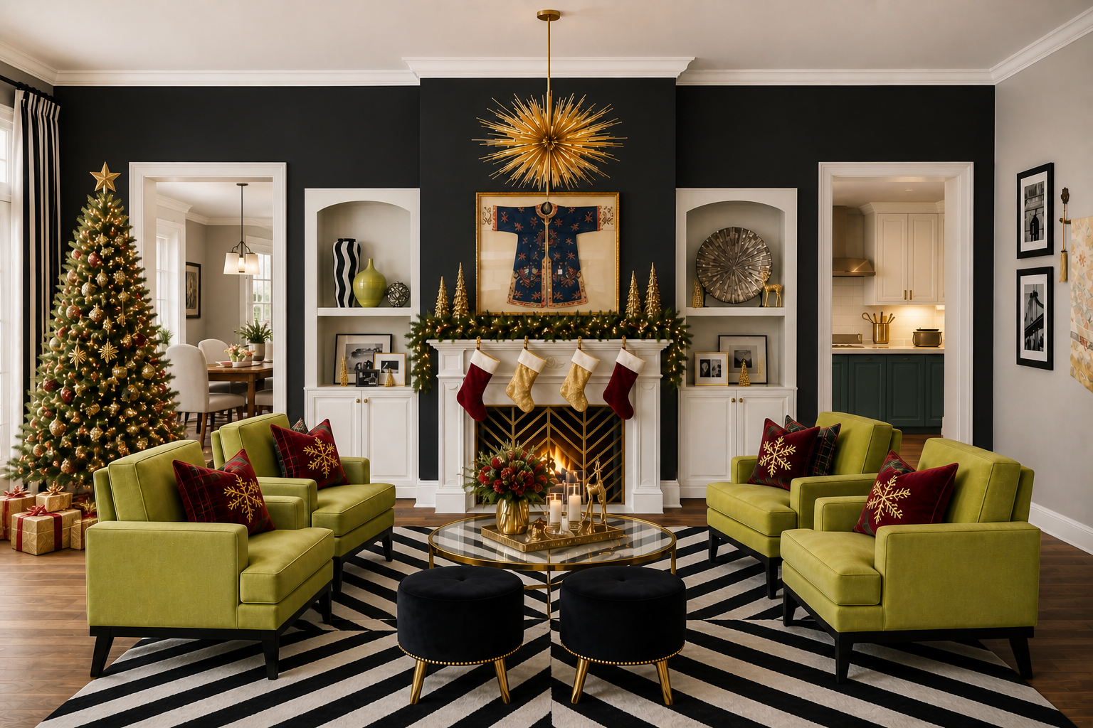 Glam living room with a decorated Christmas tree, black accent wall with a fireplace, garland and stockings on the mantel, and gold-accented holiday decor.