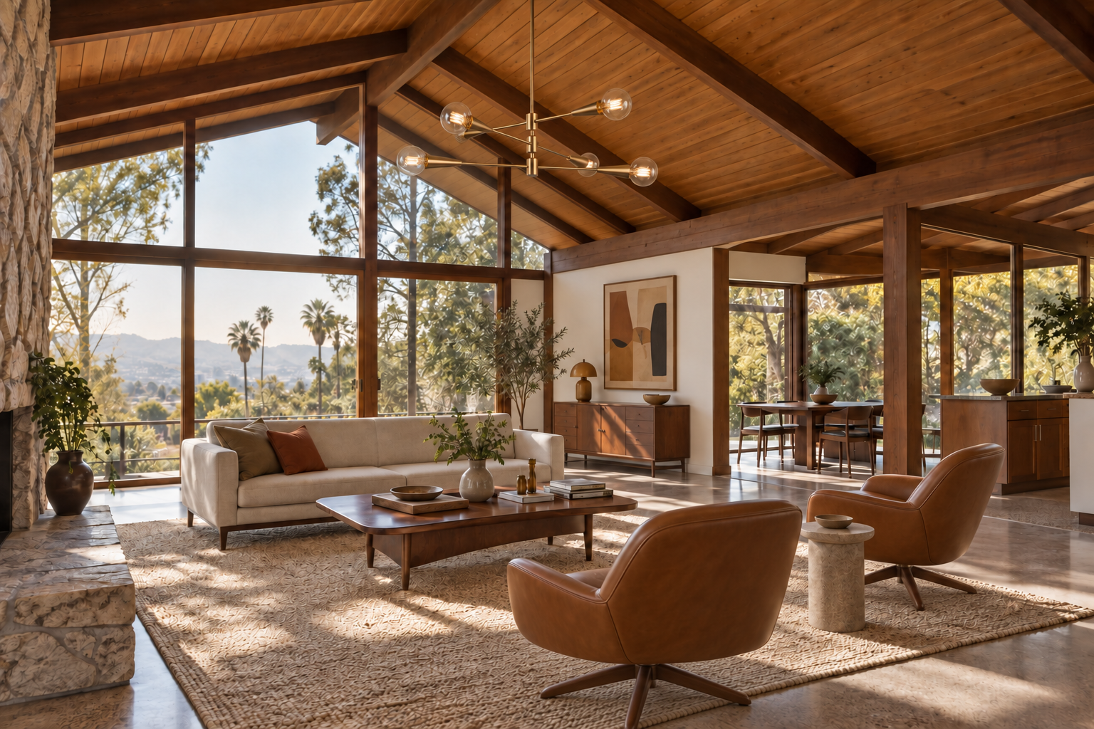 AI rendering of a mid-century modern living room featuring a vaulted wood ceiling, brass chandelier, and camel leather swivel chairs, styled by virtual interior designer Joshua Jones of JJones Design Co.