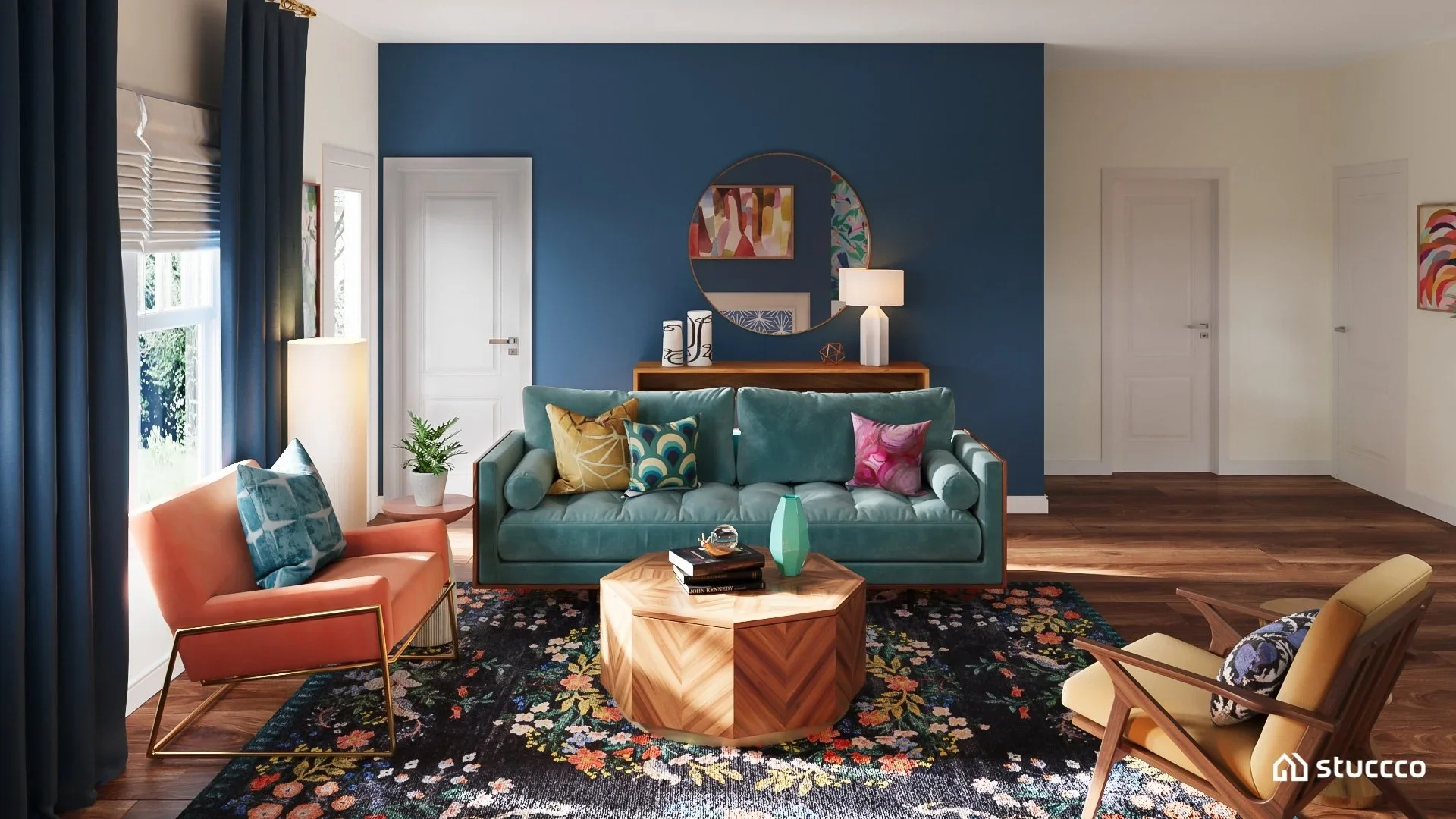 Mid-century modern living room with bold colors and a tufted sofa designed by Joshua Jones of JJones Design Co. | 3D rendering by Stuccco.