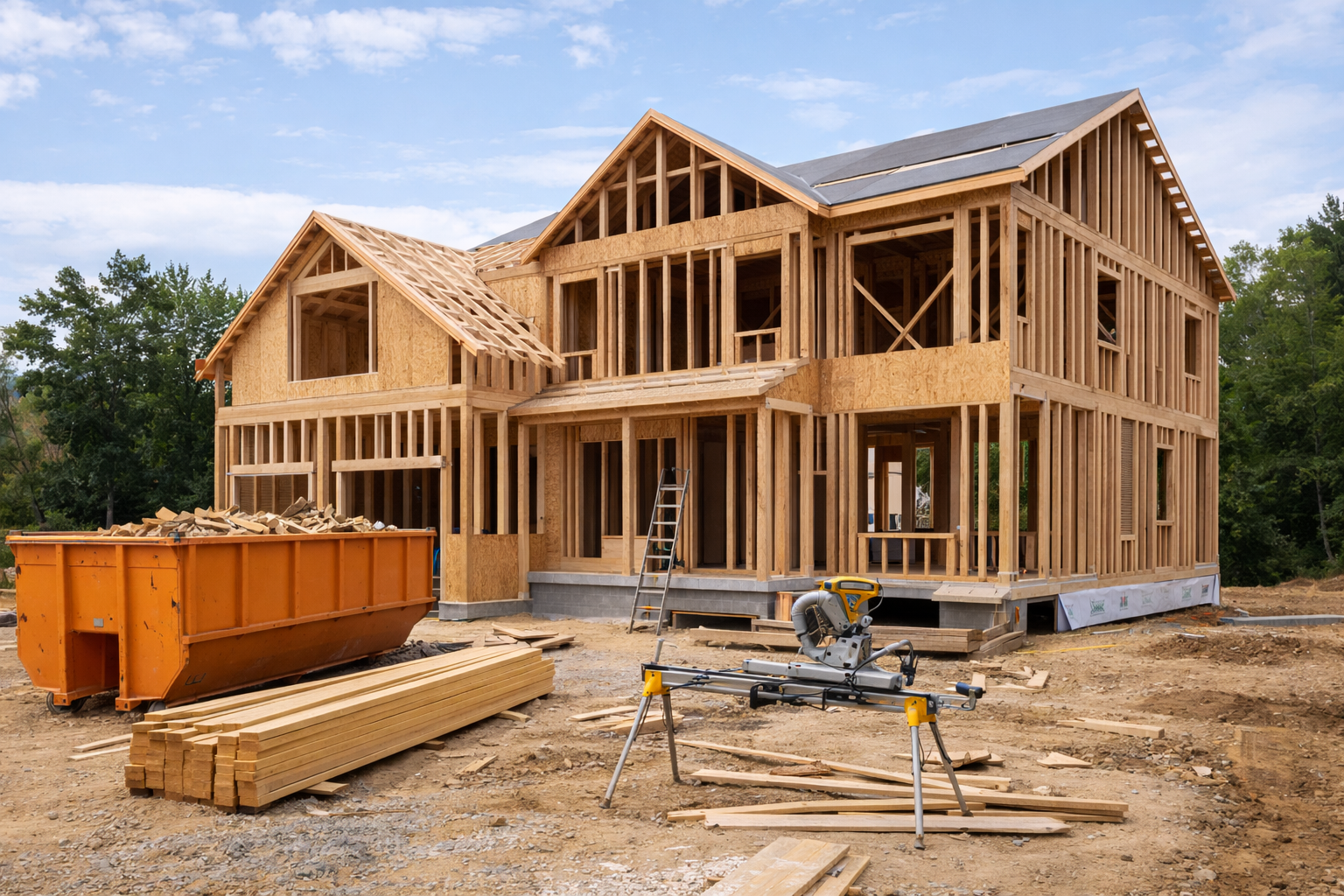 Two-story home under construction with exposed wood framing, lumber stacks, and building materials visible on an active residential construction site.