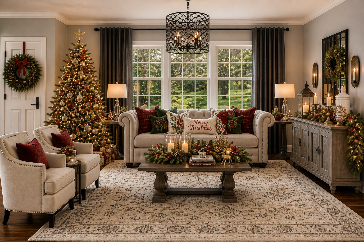 Traditional living room with a decorated Christmas tree, wreath on the door, garland on the sideboard, holiday pillows on a tufted sofa, and festive candle arrangements.