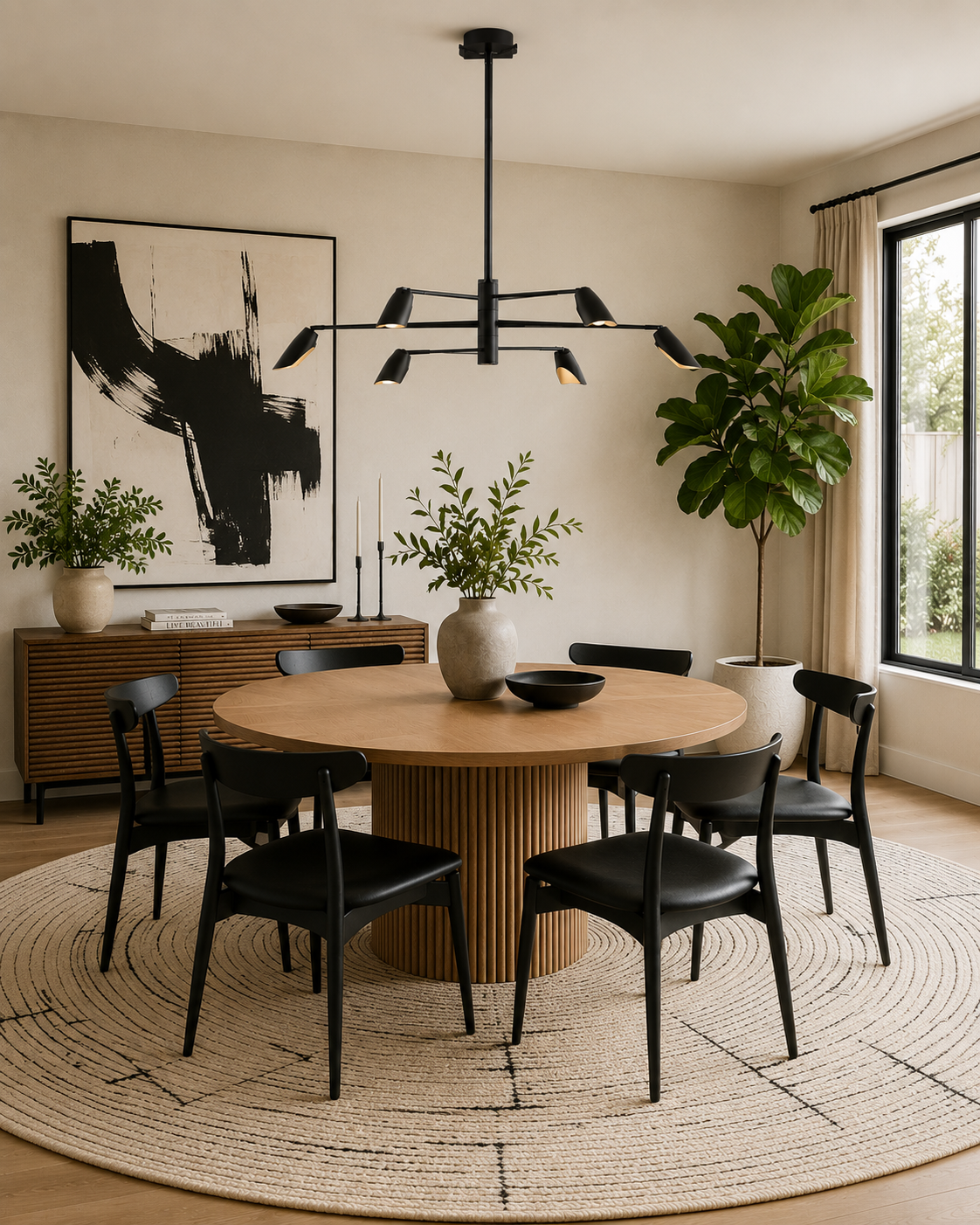 Mid-Century Modern dining room with black chandelier, round natural wood dining table, six black dining chairs, ivory rug with black pattern, abstract artwork, and fiddle leaf fig tree. AI-generated image styled by Joshua Jones of JJones Design Co.