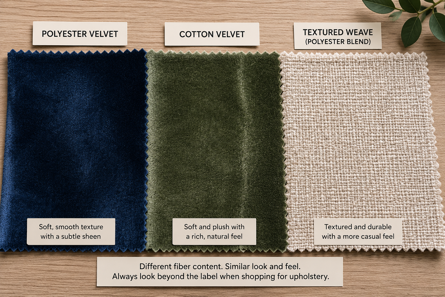 AI-generated flat lay of upholstery fabric swatches comparing polyester velvet, cotton velvet, and a textured woven polyester blend on a wood surface, illustrating the difference between fiber content and fabric texture.