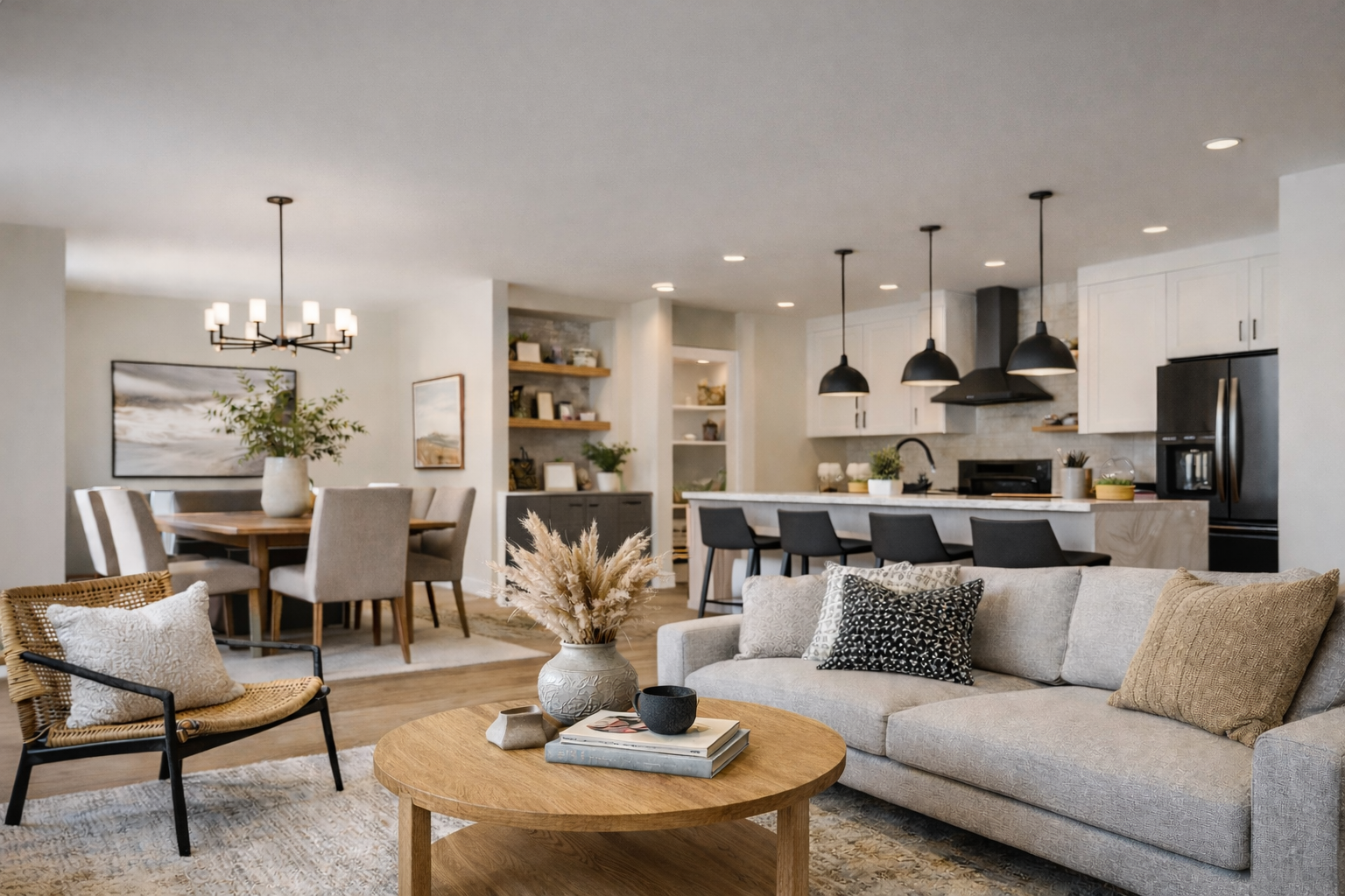 AI-generated image of a modern open-concept living room, dining area, and kitchen with cohesive neutral colors, a natural oak round coffee table, layered lighting, and coordinated furniture layout to demonstrate improved design flow.