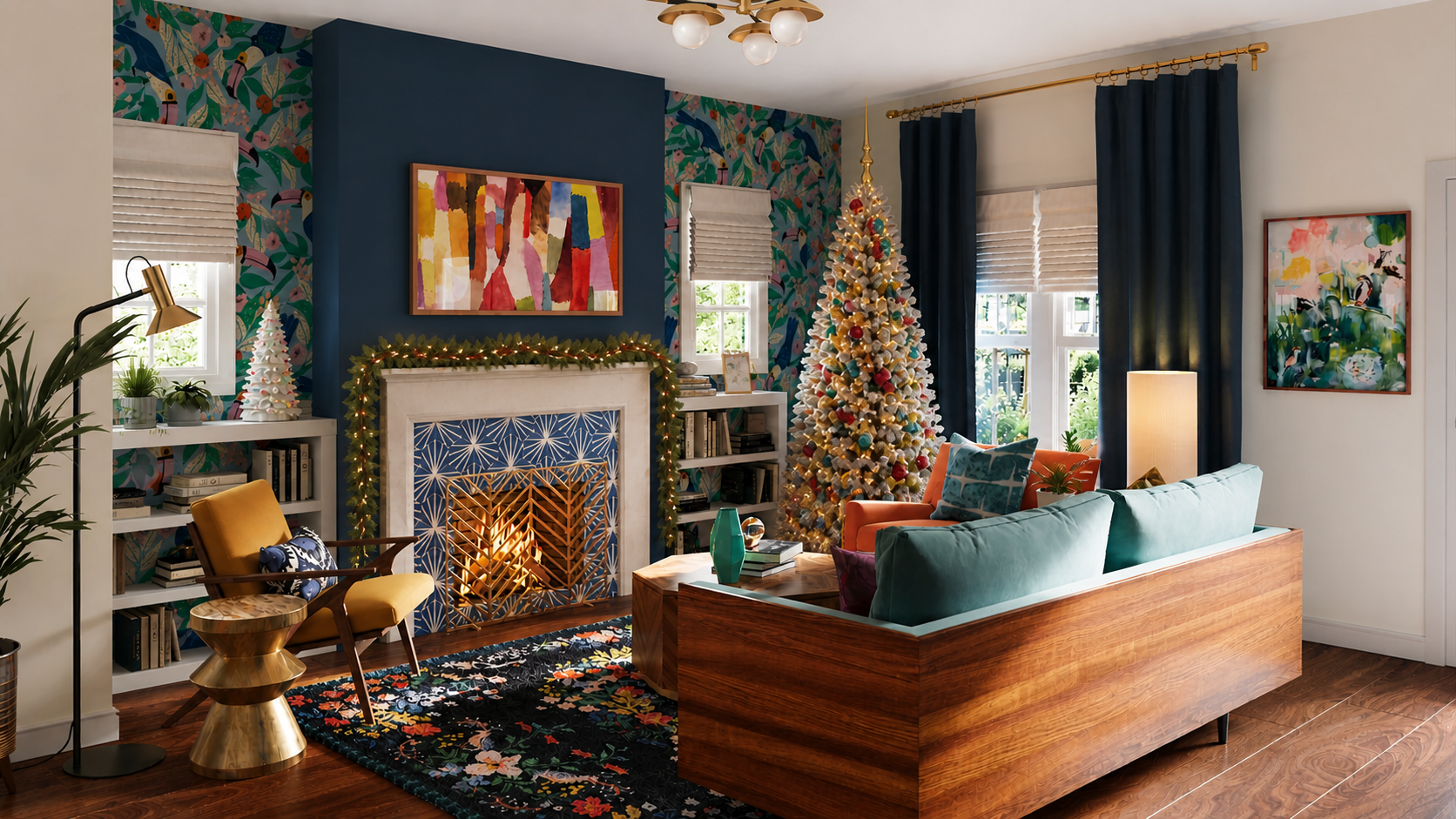 Mid-century modern living room with a flocked Christmas tree featuring colorful ornaments and a vintage topper, garland on the fireplace mantel, and a ceramic holiday tree on the bookshelf.