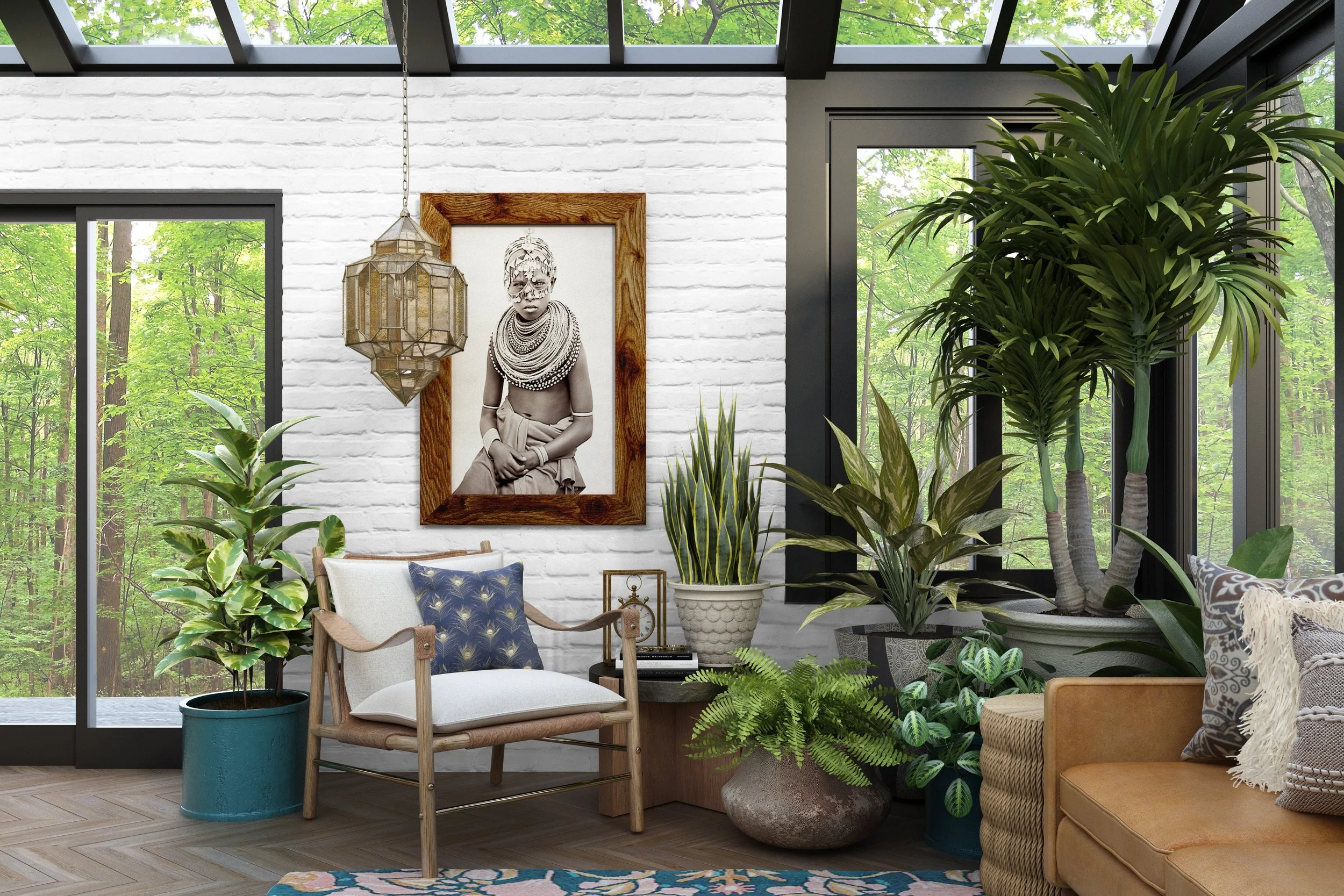 Eclectic sunroom reading nook with wood accent chair, patterned pillow, global wall art, hanging lantern pendant, and layered greenery, designed by virtual interior designer Joshua Jones of JJones Design Co.