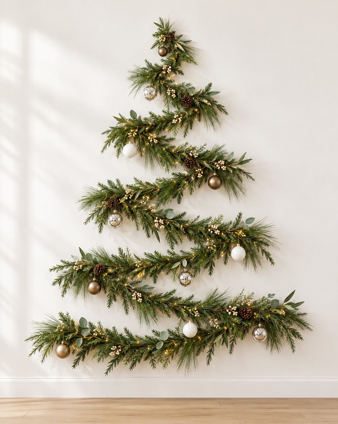 AI-generated styling concept by Joshua Jones of JJones Design Co.: zigzag garland Christmas tree on a white wall with bronze, mercury-glass, and glossy white ornaments and warm lights.
