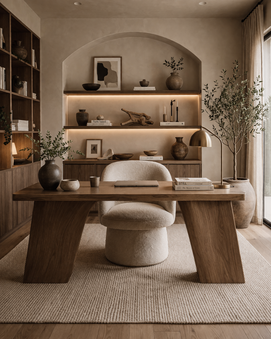 AI-generated modern organic home office with light wood desk, arched built-in shelving, boucle chair, woven pendant light, and neutral layered textures