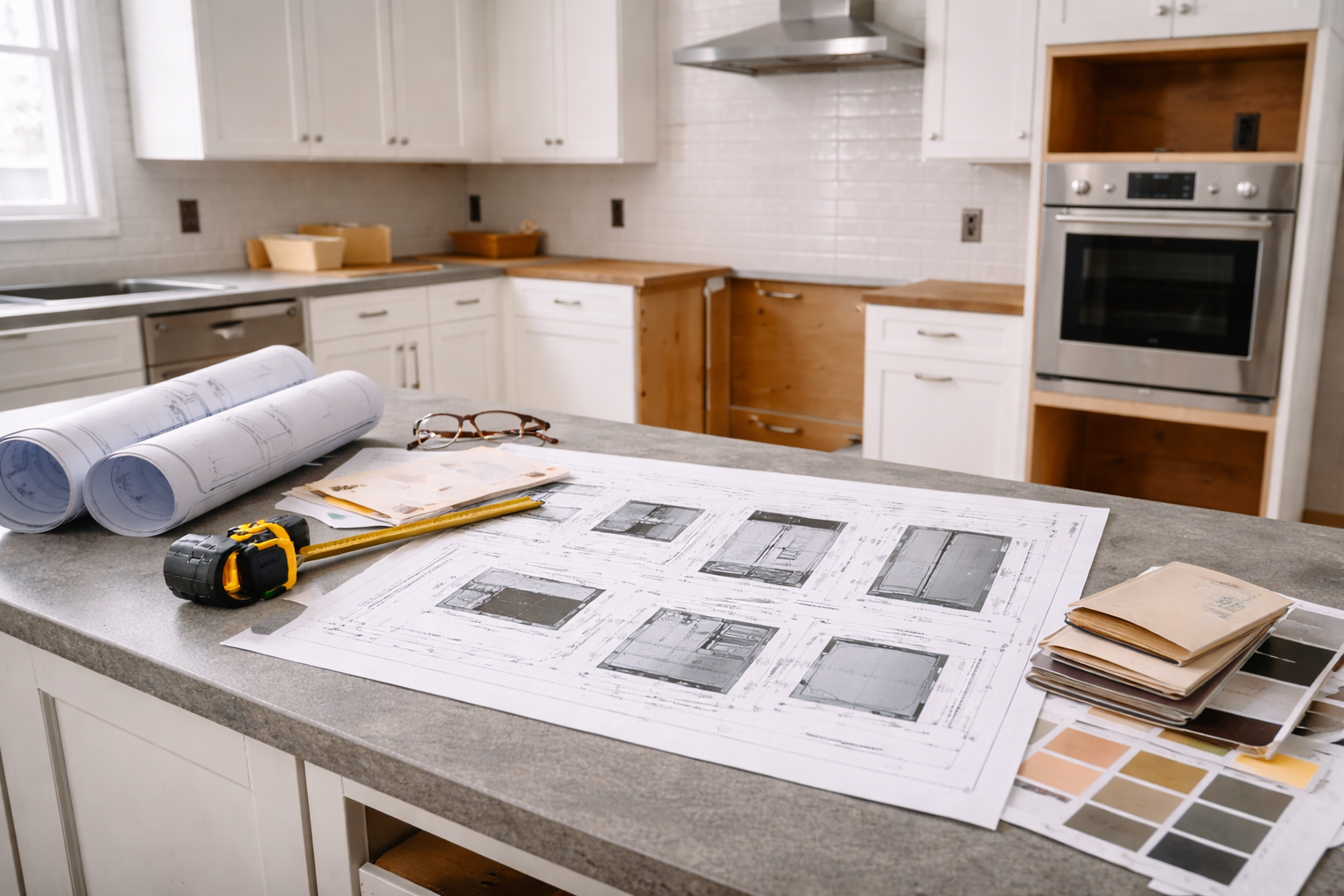 Kitchen under renovation with partially installed cabinetry, appliance openings, and renovation plans laid out on the island during remodel planning phase.