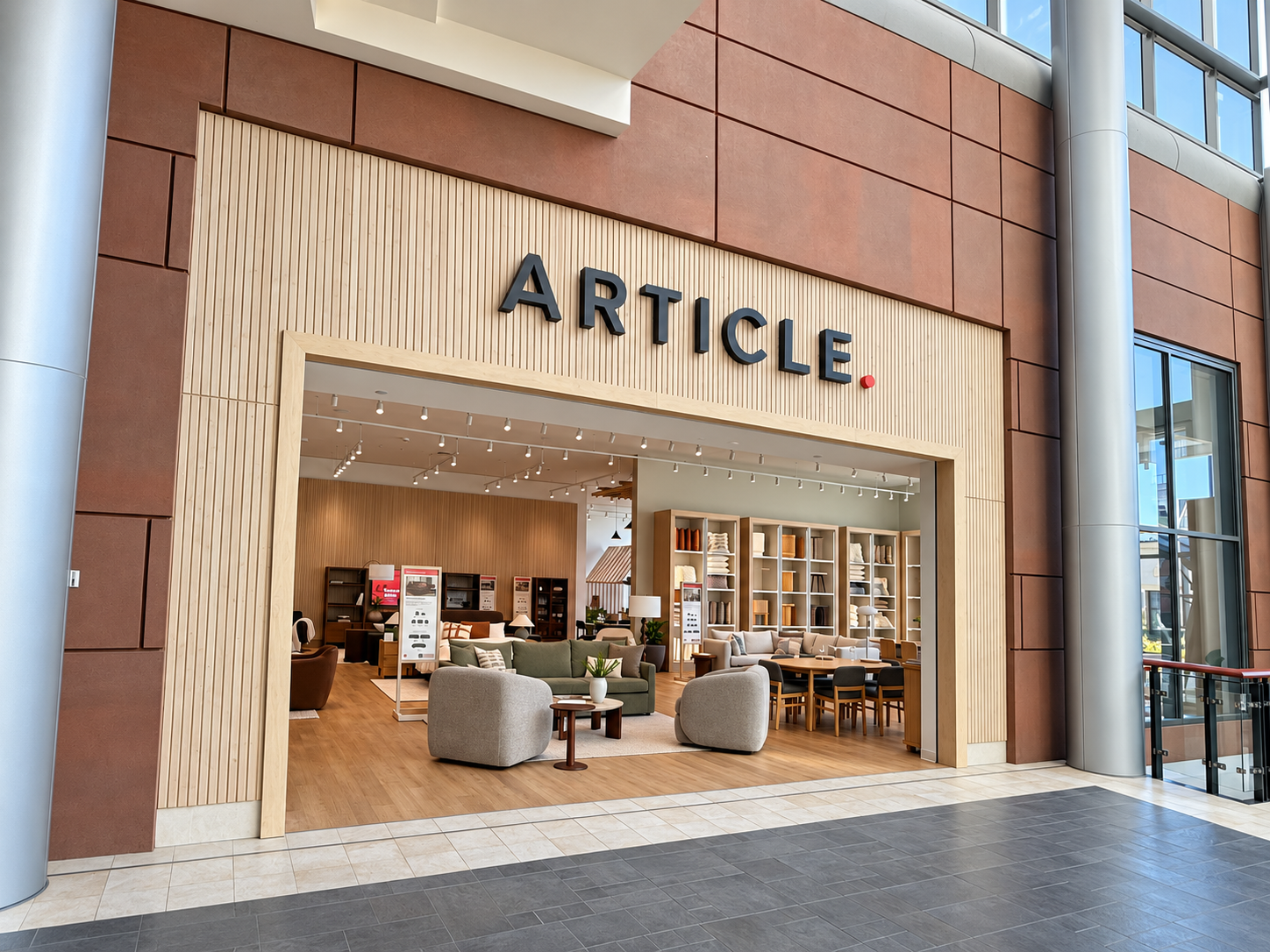 Article’s Bellevue showroom entrance with a large Article sign above displays of sofas, accent chairs, and dining furniture.