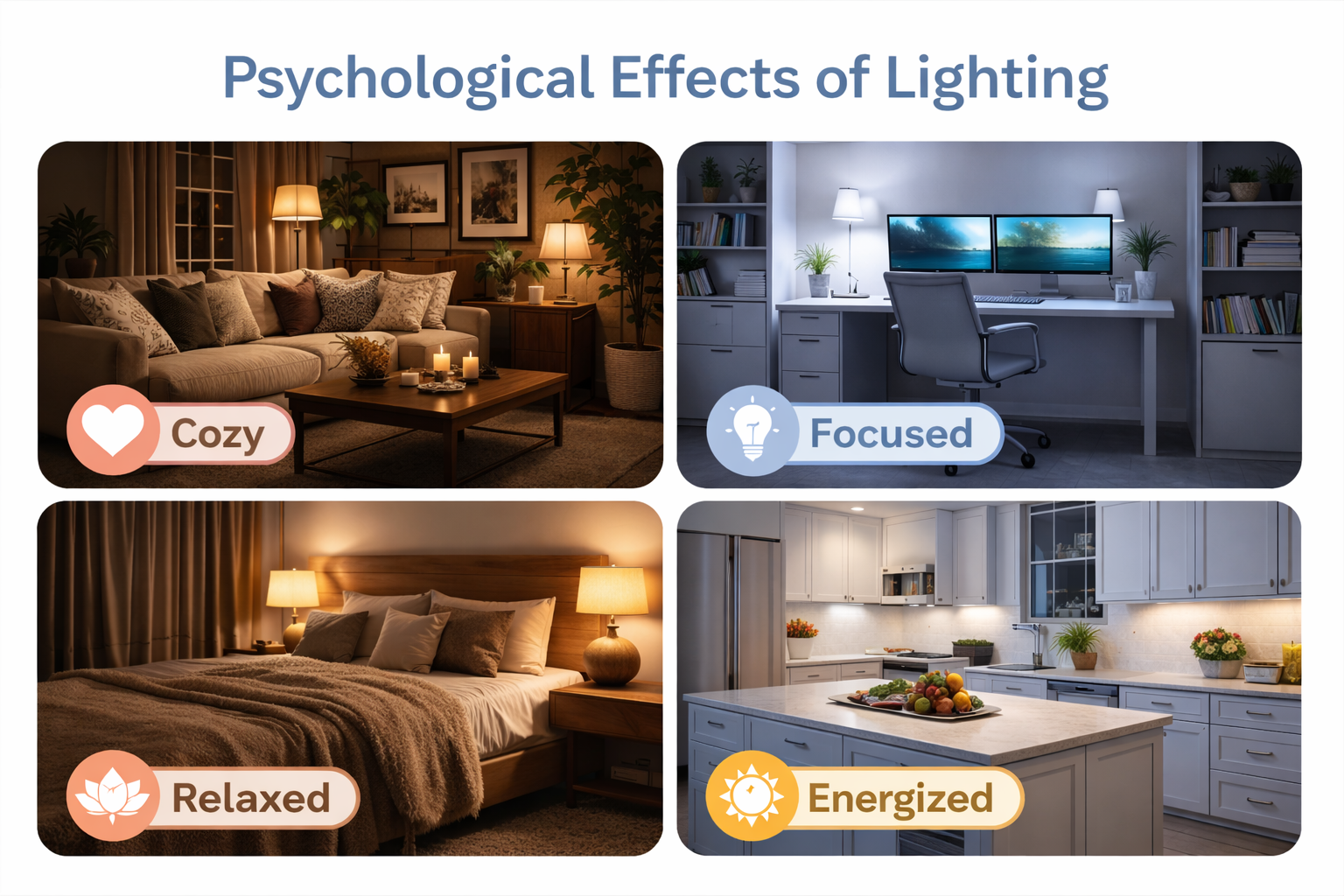 Collage of home interiors showing different lighting moods including cozy, focused, relaxed, and energized to demonstrate psychological effects of lighting.