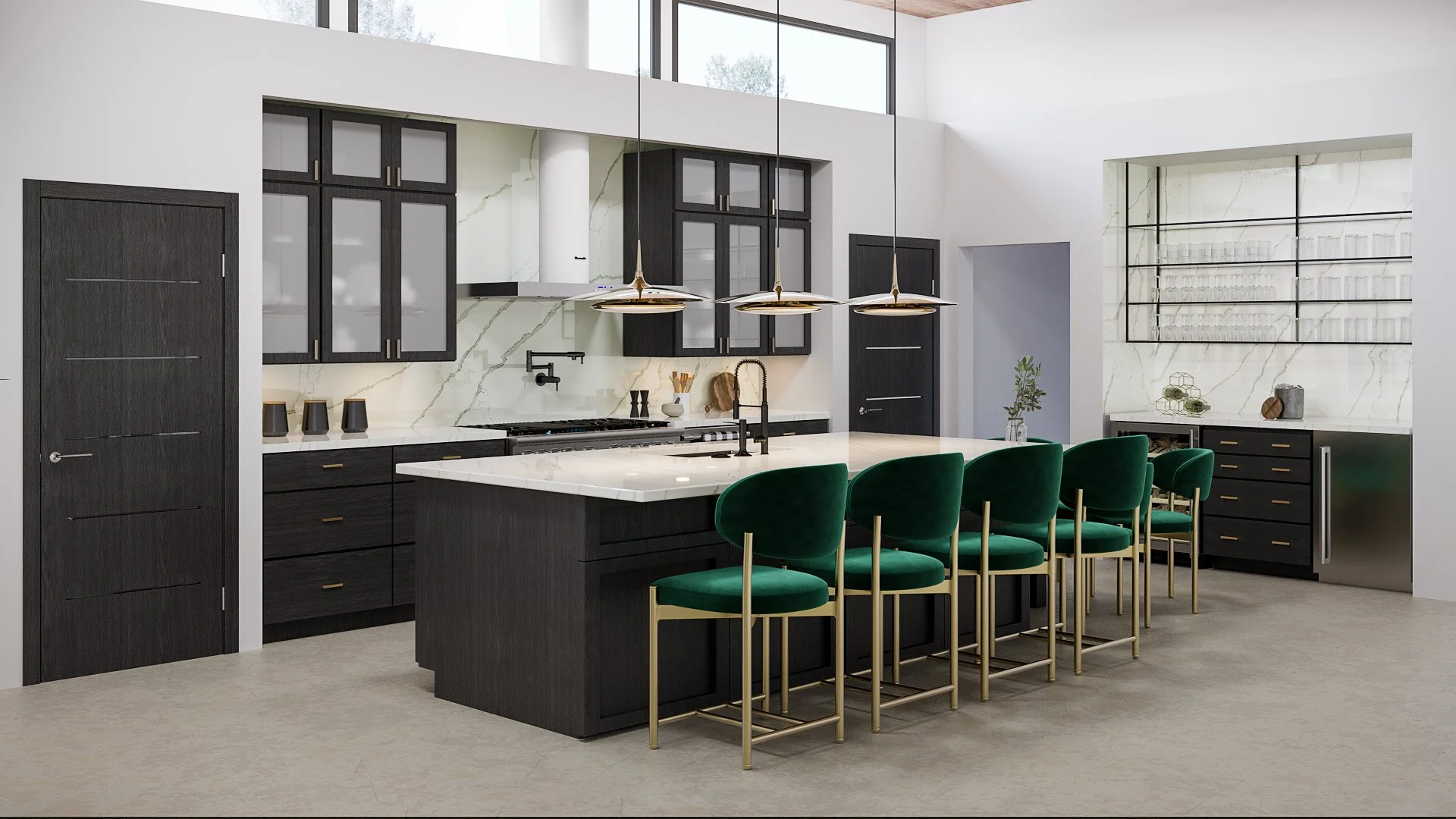 3D rendering of a mid-century modern and industrial style kitchen designed by Joshua Jones featuring polished concrete flooring, dark wood cabinetry, white marble backsplash, brass pendant lights, and green velvet bar stools
