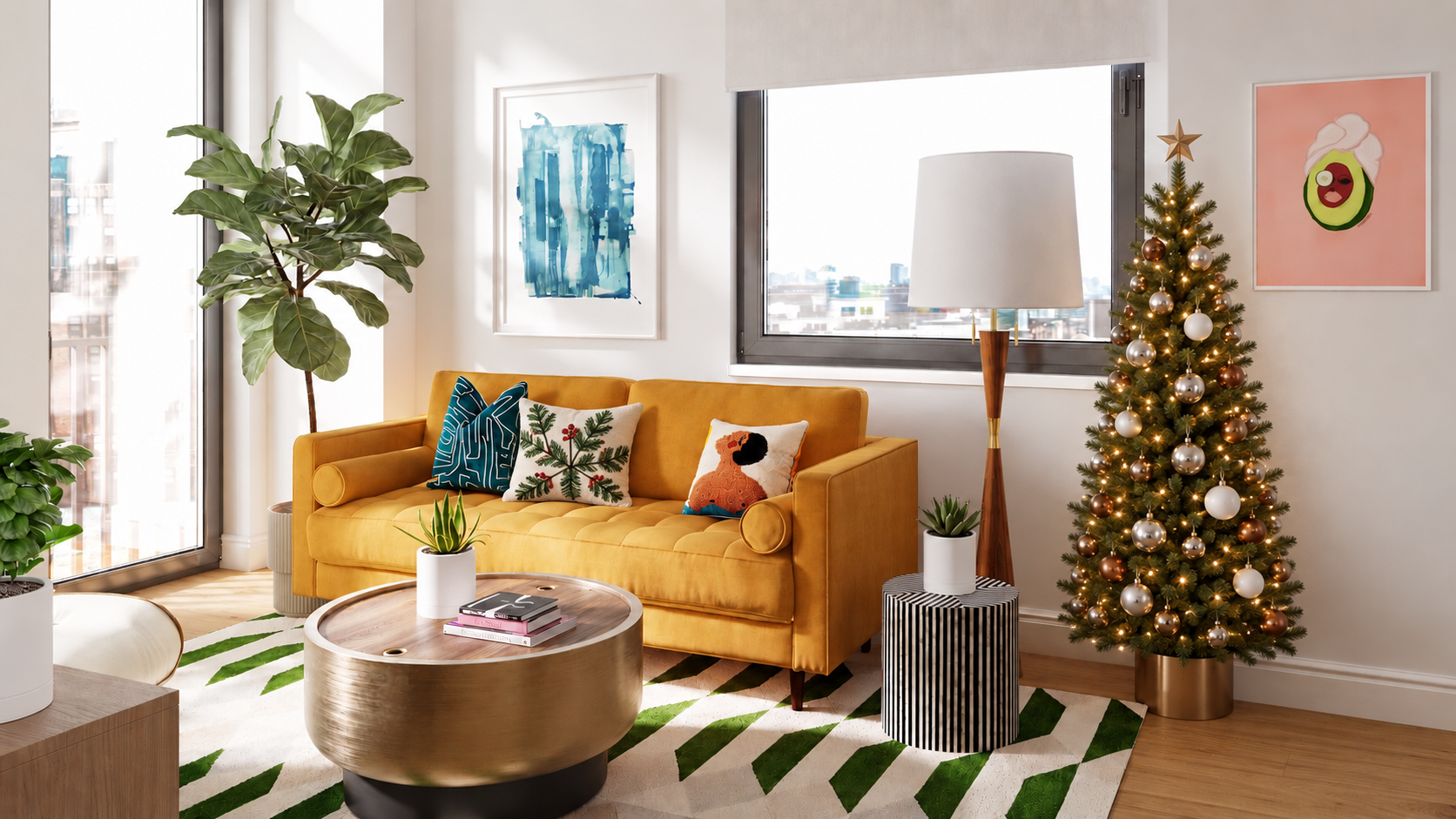 Slim Christmas tree with warm lights and bronze, silver, and white ornaments beside a mustard sofa with an evergreen holiday pillow in a small NYC living room designed by Joshua Jones.