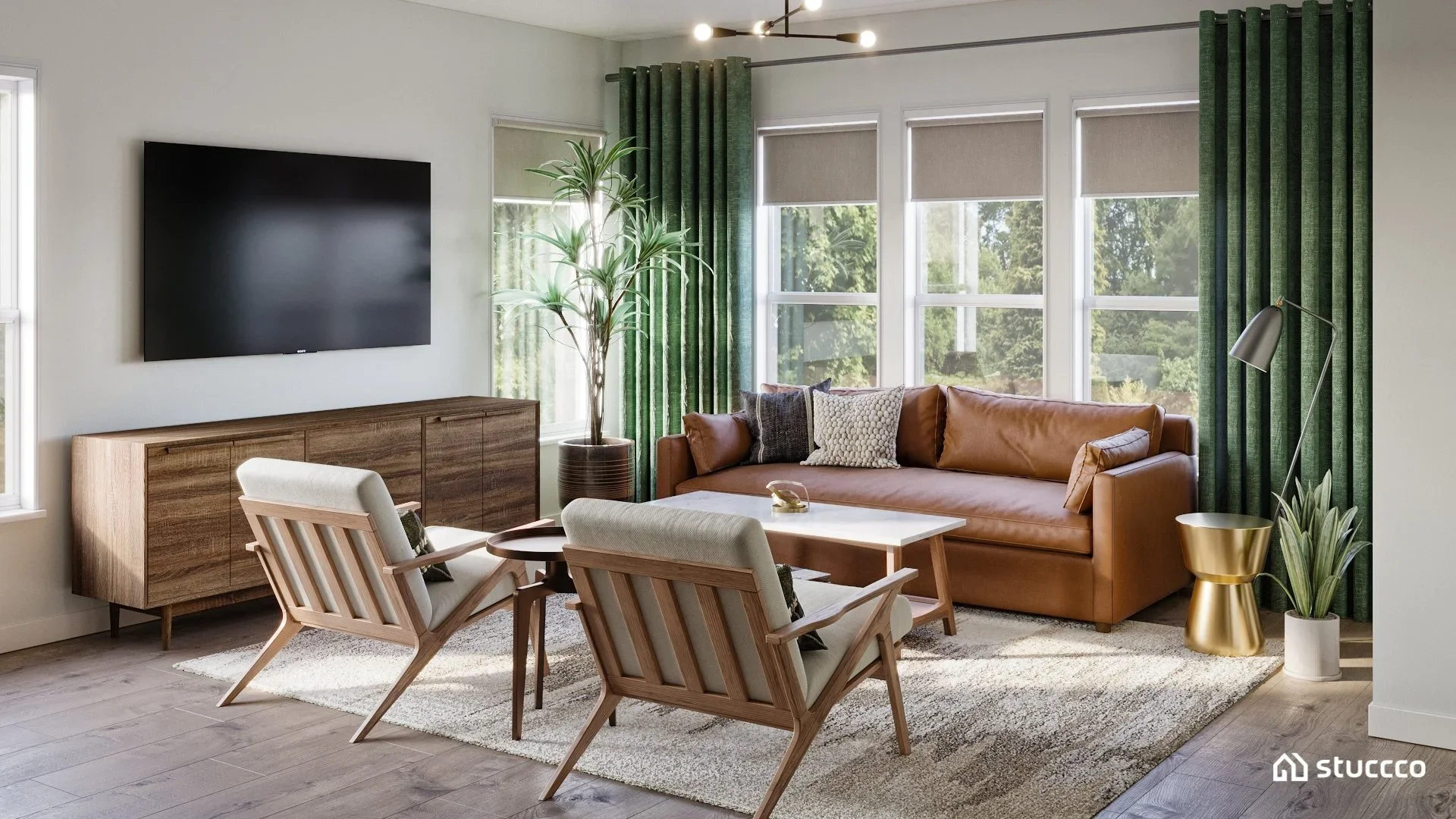 Mid-century modern living room with a brown leather sofa, wood accent chairs, neutral rug, green curtains, and warm wood furniture, designed by virtual interior designer Joshua Jones with 3D rendering by Stuccco.