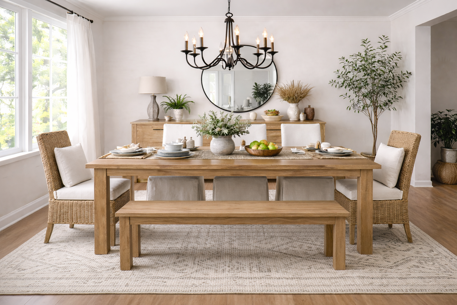 Dining room rug size example showing a large area rug extending beyond the dining table, chairs, and bench for proper seating clearance.