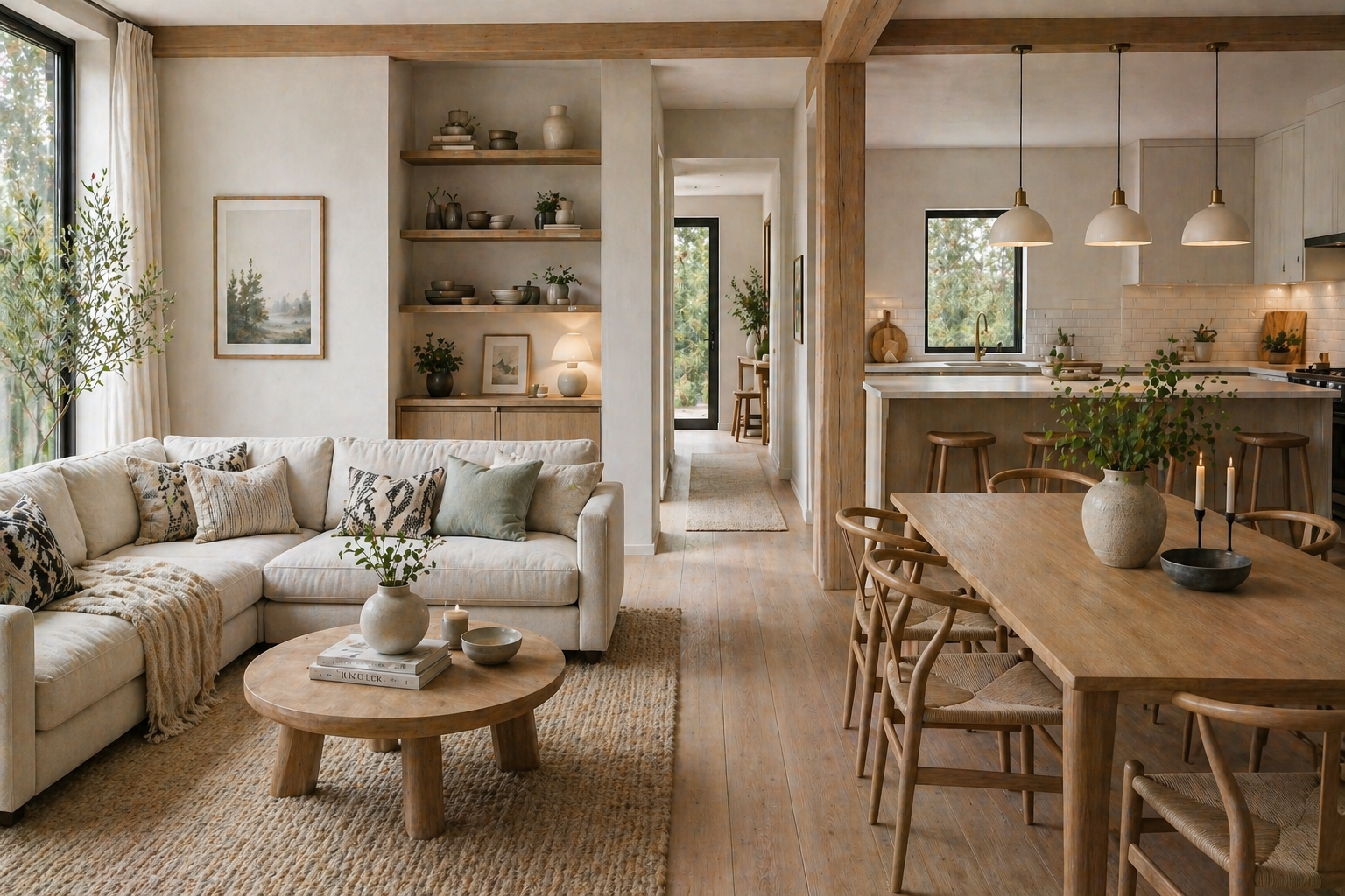 AI-generated Scandinavian open-concept interior with a living room and dining area, featuring a sectional sofa with Nordic-patterned pillows, wood furniture, pendant lights over the kitchen island, and a soft neutral color palette.