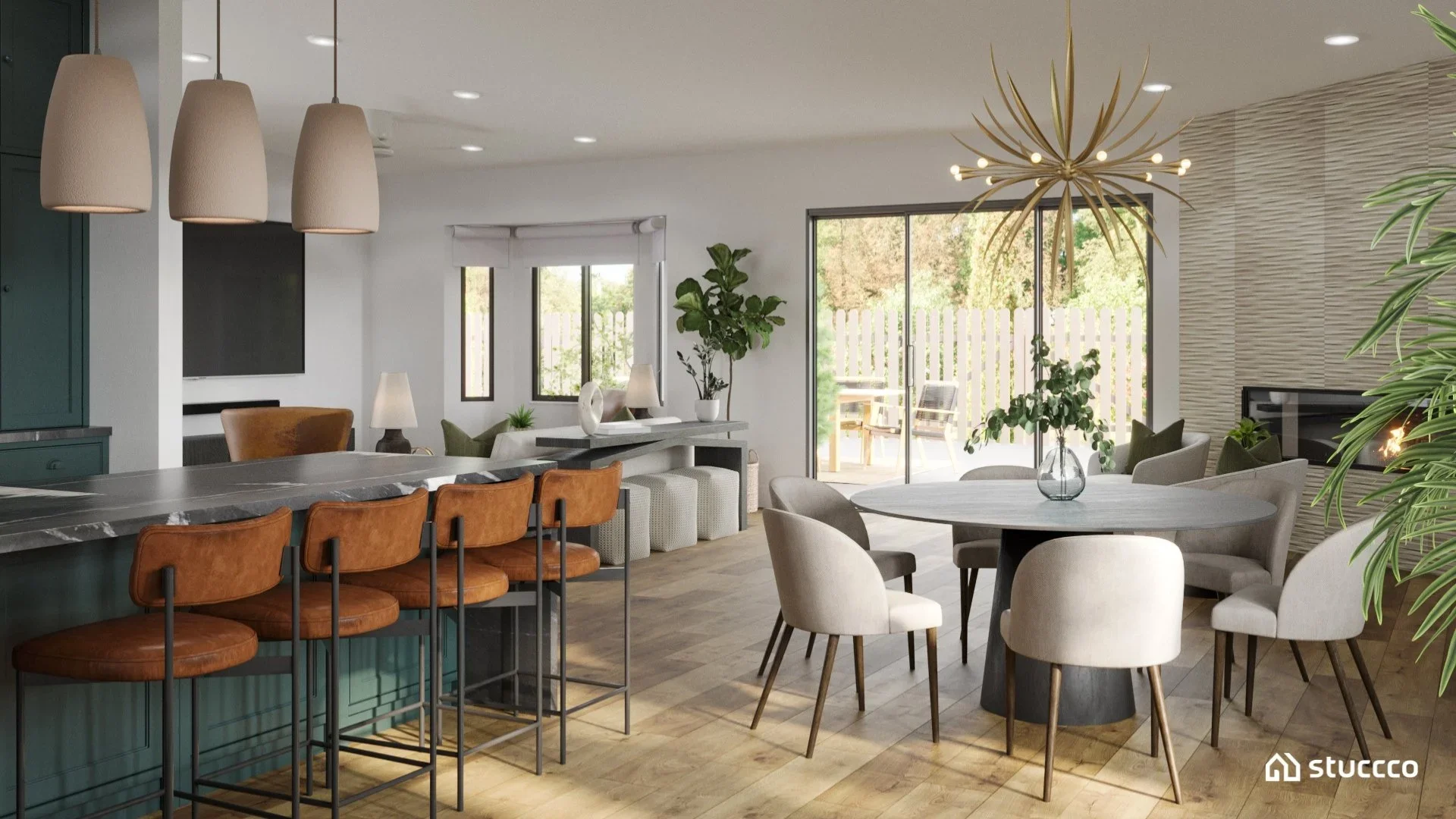 Modern organic open-concept kitchen dining and living area with pendant lights, chandelier, recessed lighting, and table lamps creating layered lighting and depth