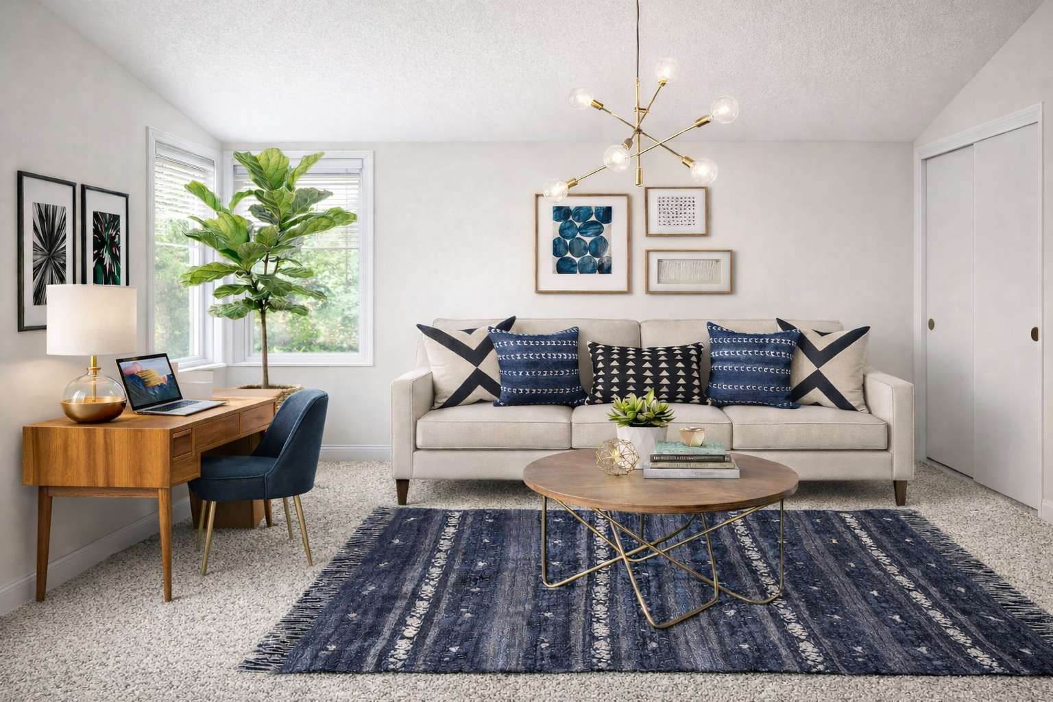 Modern boho home office with beige carpet flooring, blue boho rug, mid-century desk, and neutral sofa designed by virtual interior designer Joshua Jones (AI-generated rendering)