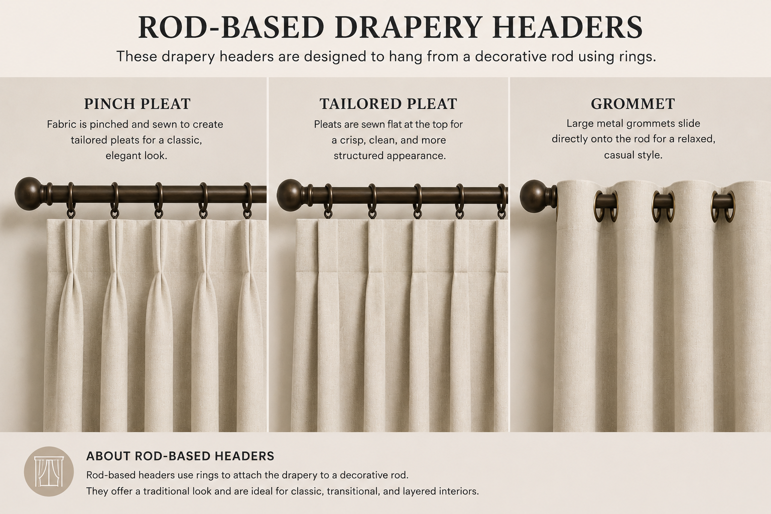 Educational infographic showing three rod-based drapery header styles: pinch pleat, Euro pleat (tailored pleat), and grommet. Each example demonstrates how different drapery headers attach to and operate on a decorative drapery rod.