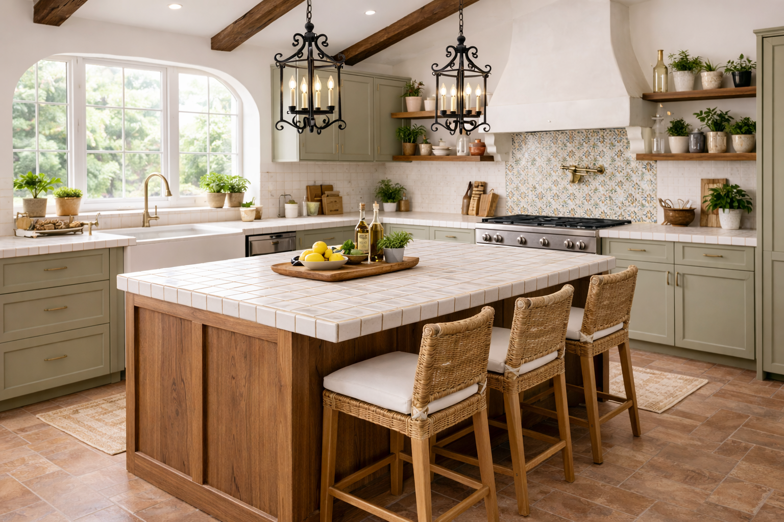 Mediterranean-style kitchen with white tile countertops and visible grout lines, sage green cabinetry, a wood island base, woven bar stools, wrought iron pendant lights, patterned tile backsplash, and terracotta flooring. AI-generated image.