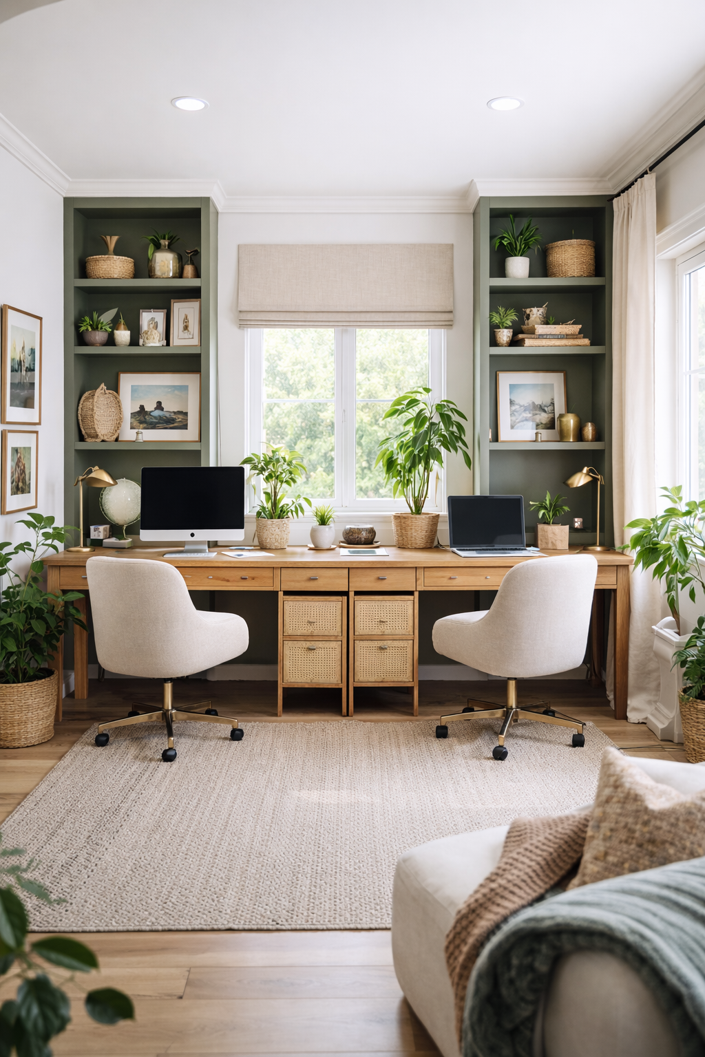 Modern eclectic home office with two-person workspace, featuring a long wood desk, dual chairs, built-in shelving, plants, and a central window with a neutral roman shade