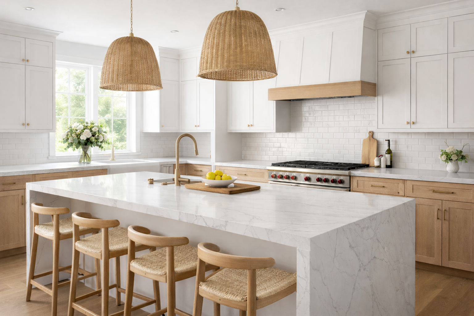 Modern organic kitchen with a quartzite waterfall island, light wood cabinetry, white tile backsplash, brass fixtures, and woven pendant lights in a bright, airy space. AI-generated image.