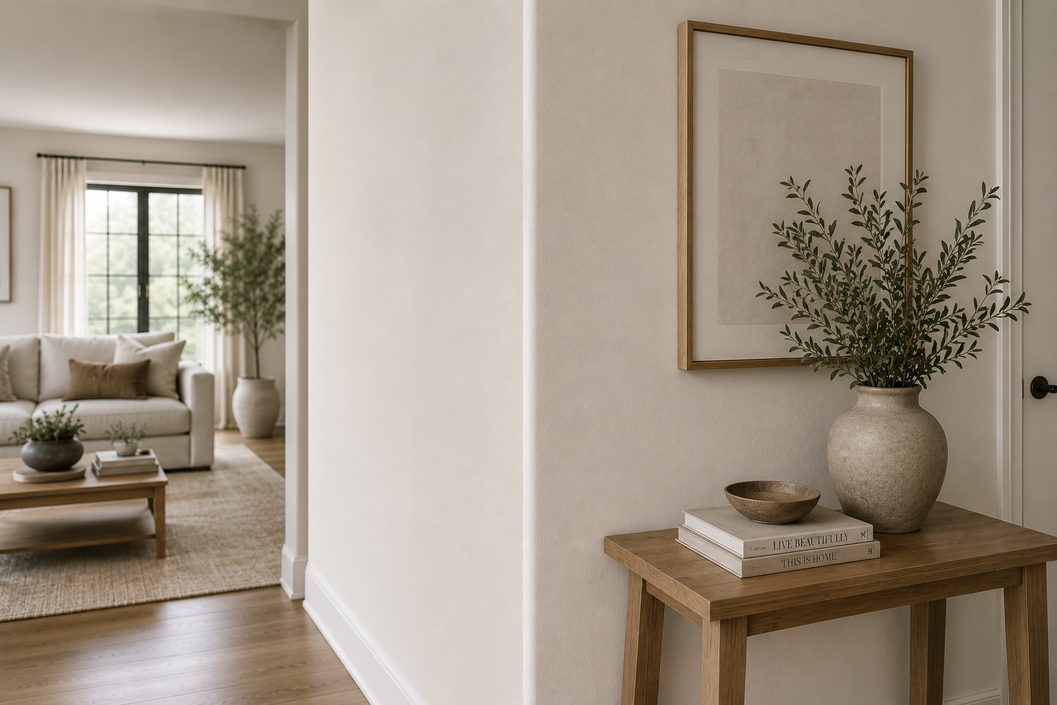 AI-generated modern hallway interior featuring both rounded and square drywall corners with warm neutral tones, wood flooring, and minimalist decor.